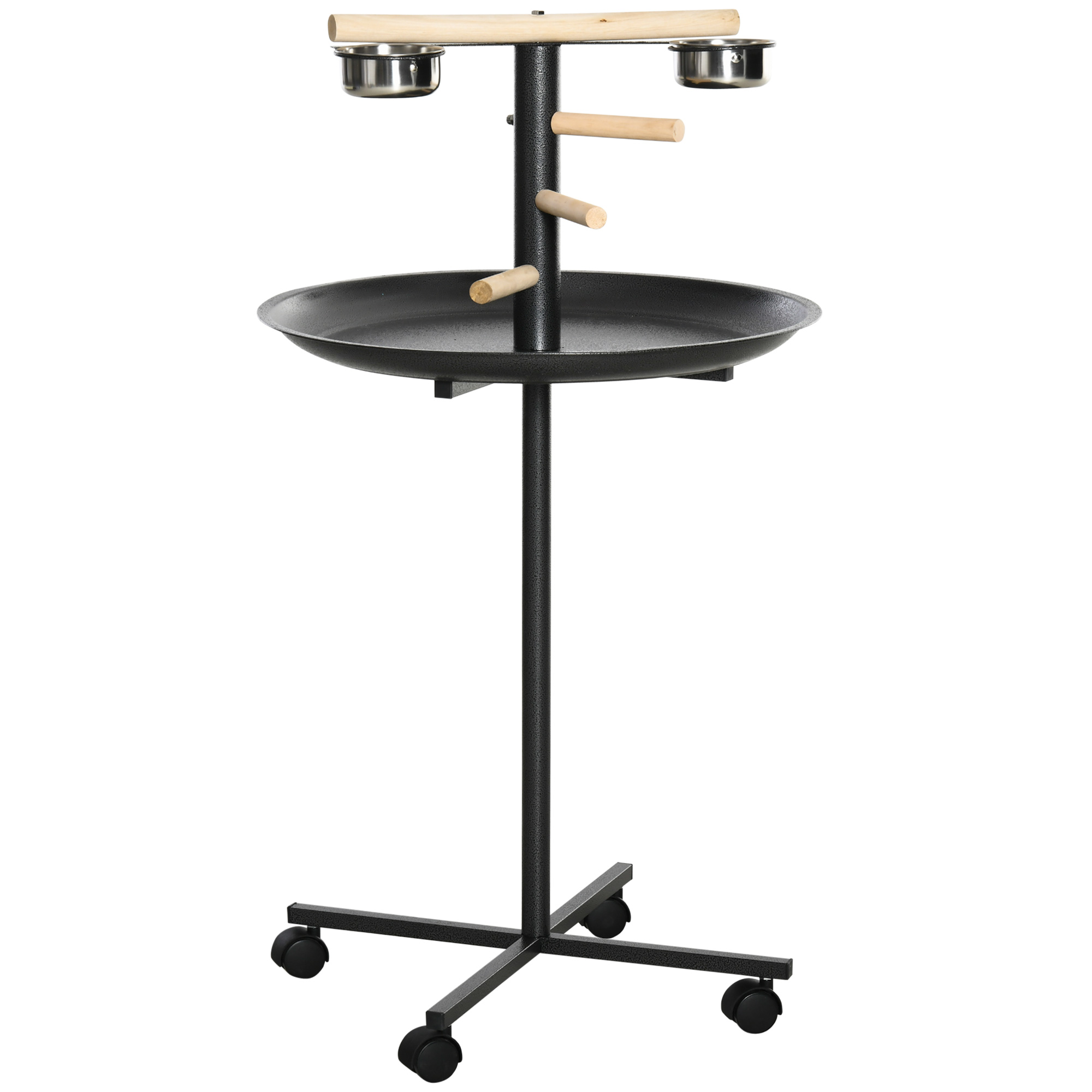 Metal Bird Table Play Stand, Bird Feeder Station Parrot Perch with Four Wheels Feeding Bowls Round Tray - Life Essentials