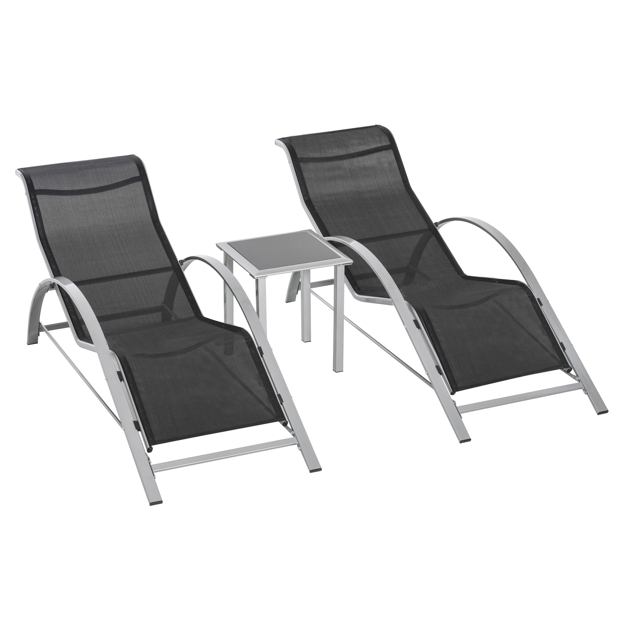 3 Pieces Lounge Chair Set Garden Outdoor Recliner Sunbathing Chair with Table, Black - Life Essentials