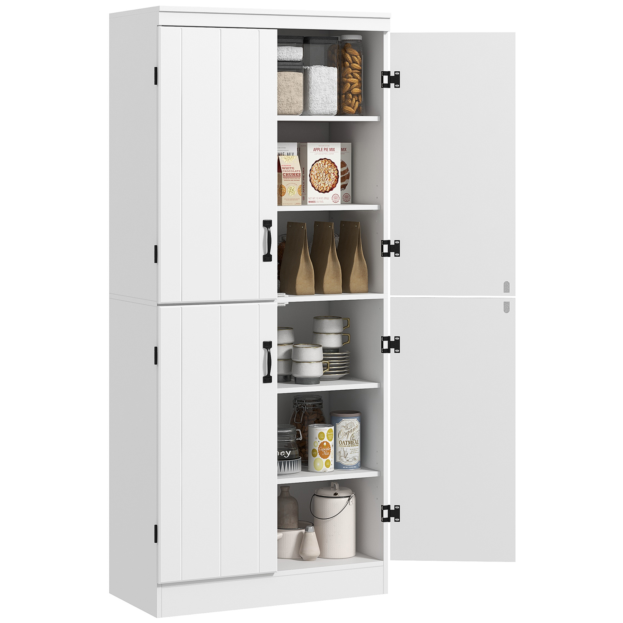 4-Door Tall Kitchen Cupboard, Freestanding 6-Tier Storage Cabinet with 2 Adjustable Shelves for Living Room, Dining Room, White - Life Essentials