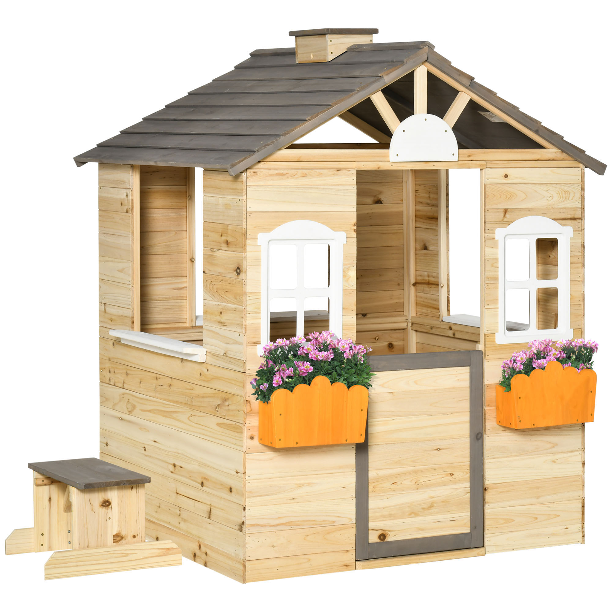 Wooden Kids Playhouse, Outdoor Garden Games Cottage with Working Door, Windows, Bench, Service Station, Flowers Pot Holder for 3-7 Years Old - Life 