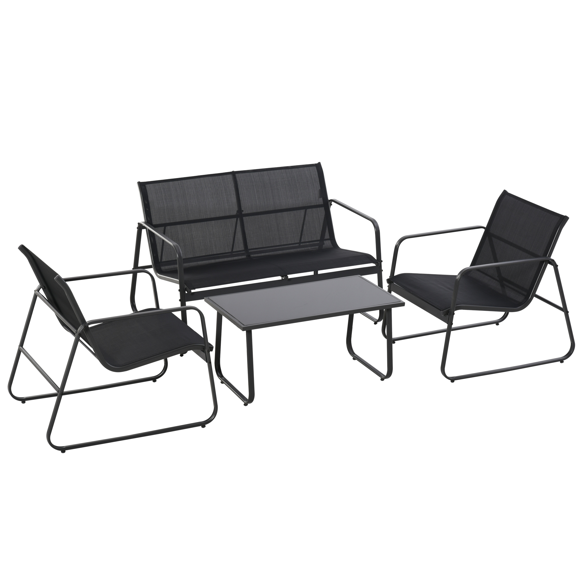 4 Piece Garden Furniture Set Outdoor Patio Sofa Set with Double Chair, Single Chairs and Glass Top Table for Terrace and Balcony, Black - Life 