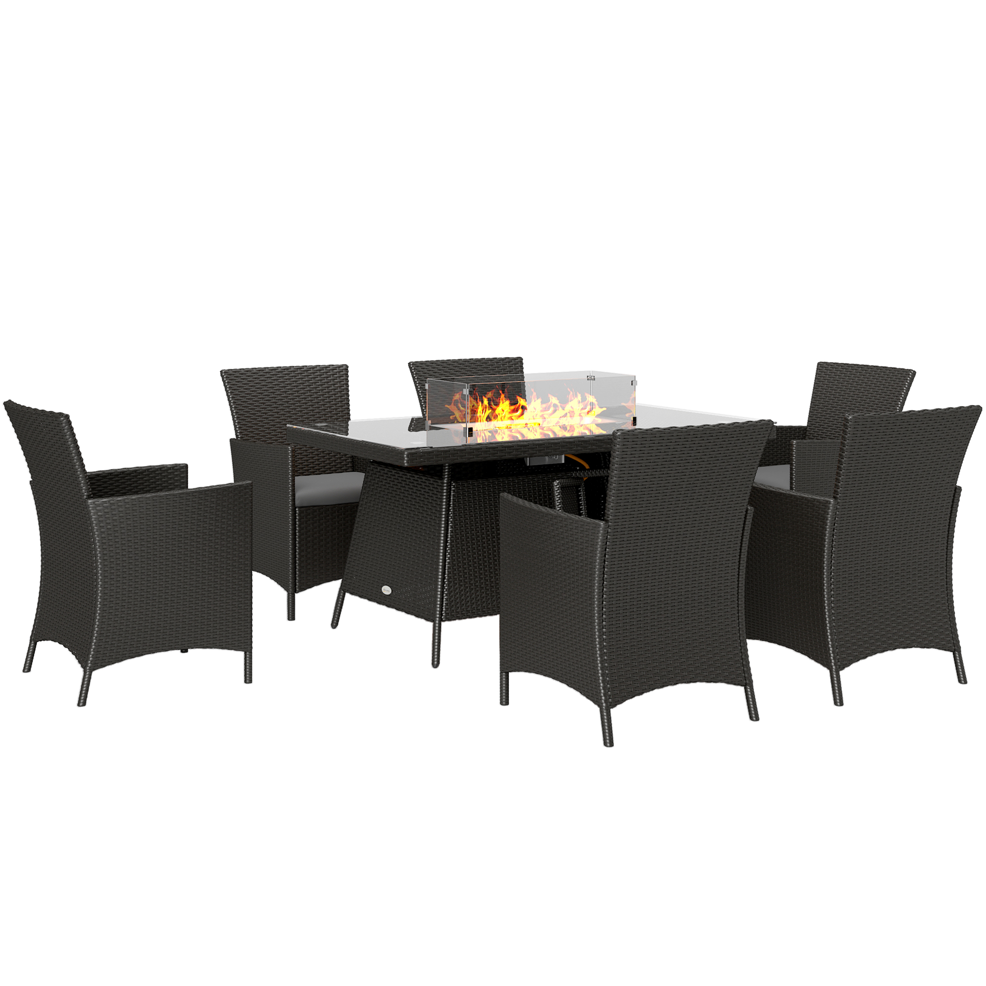 SUNVISTA 7 Pieces Outdoor Rattan Garden Furniture with Fire Pit Table, 6 Seater Garden Table and Chairs with Cushions, Black - Life Essentials