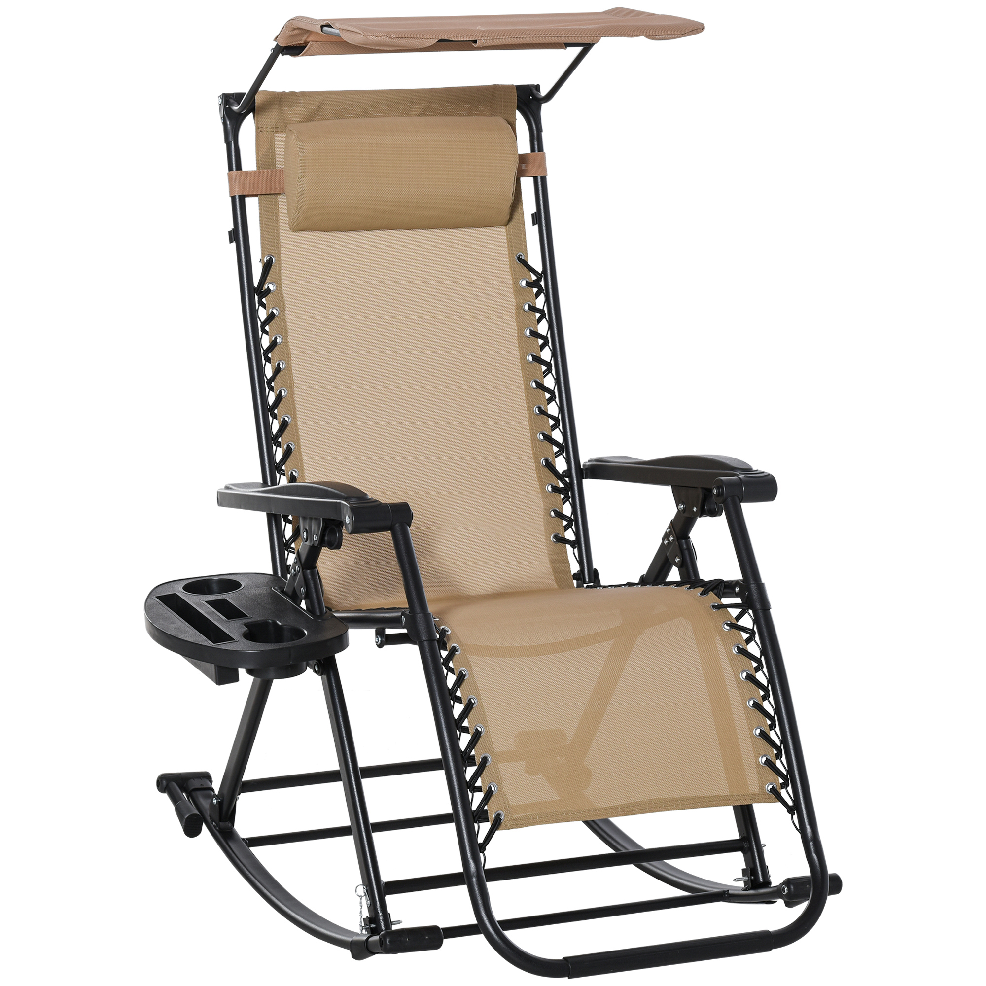 Garden Rocking Chair Folding Recliner Outdoor Adjustable Sun Lounger Rocker Zero-Gravity Seat with Headrest Side Holder Patio Deck - Beige - Life 