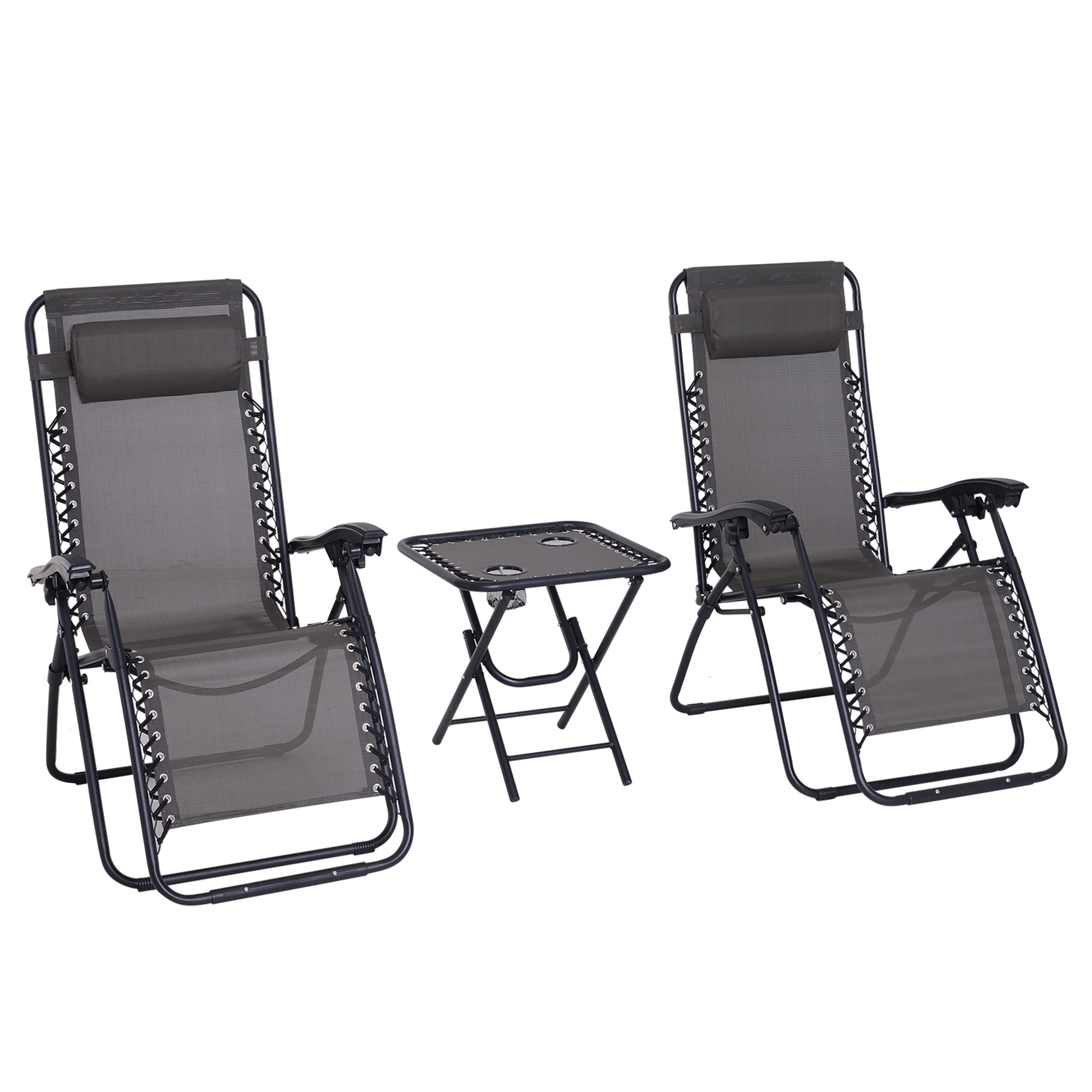 3pcs Folding Zero Gravity Chairs Sun Lounger Table Set w/ Cup Holders Reclining Garden Yard Pool, Dark Grey - Life Essentials