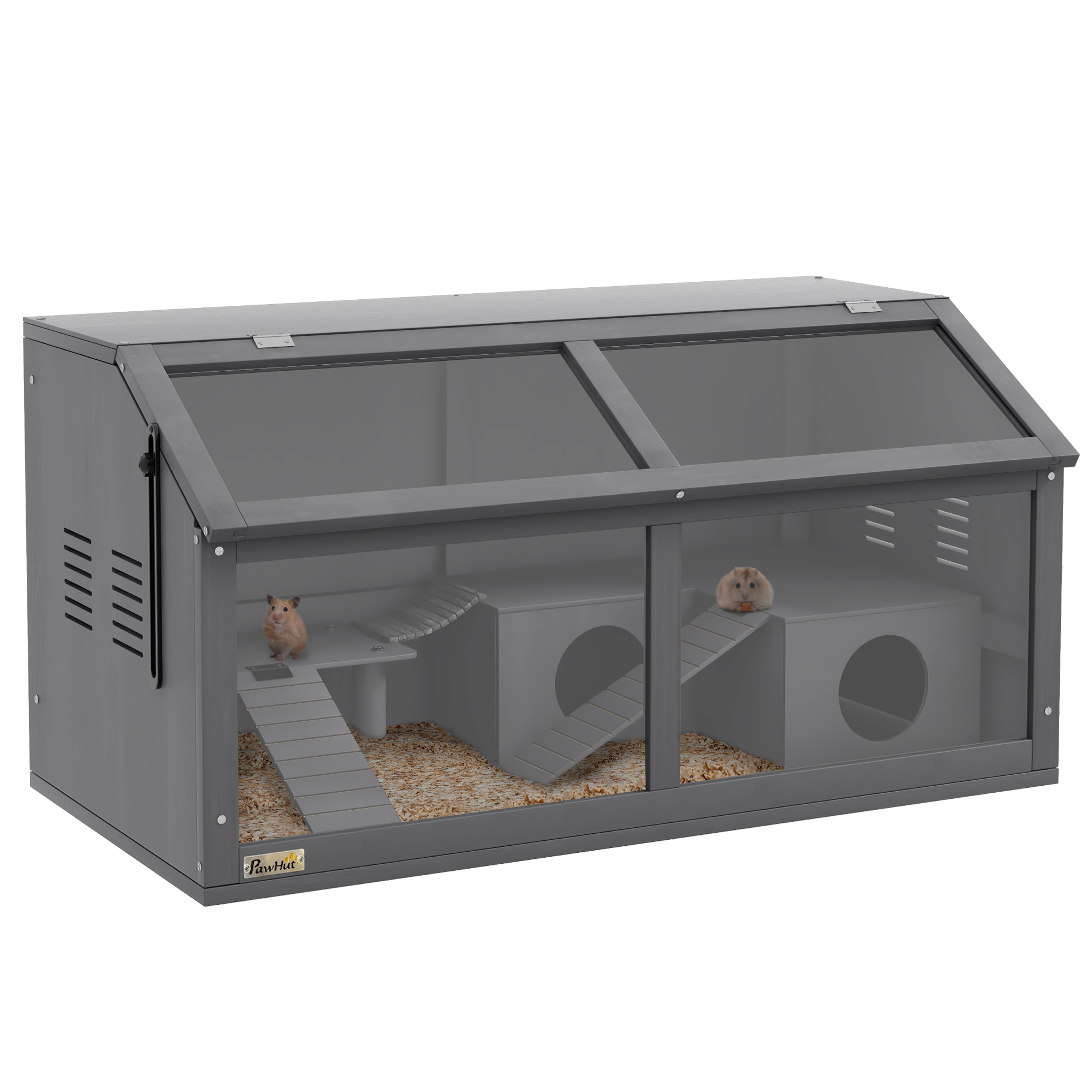 Hamster Cage, Wooden Small Animal Cage for Gerbils, Mice w/ Suspension Bridge, Openable Top, Hut, 85 x 45 x 44cm - Grey - Life Essentials