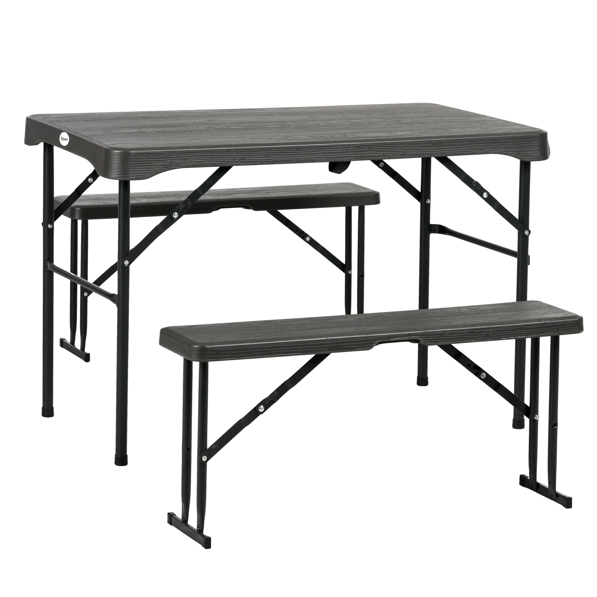 SUNVISTA Folding Picnic Table with 2 Benches, 3-Piece Portable Garden Furniture Set for 4, Dining Table Set with Plastic Top, Steel Frame, Dark Grey -