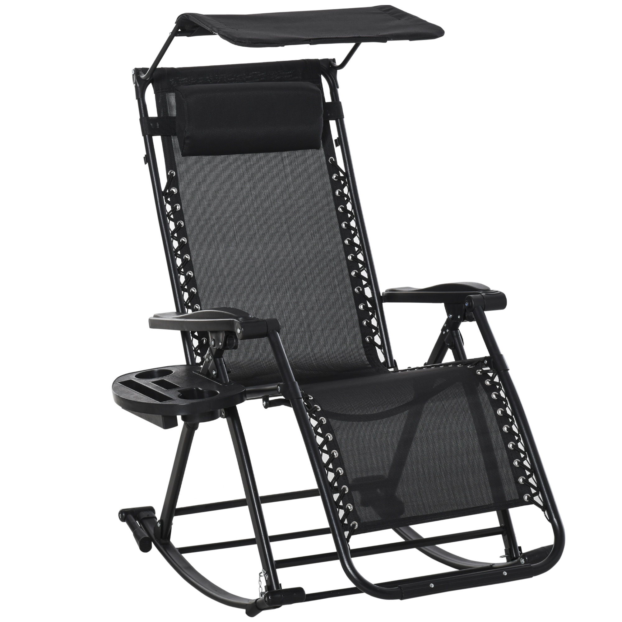 Garden Rocking Chair Folding Recliner Outdoor Adjustable Sun Lounger Rocker Zero-Gravity Seat with Headrest Side Holder Patio Deck - Black - Life 