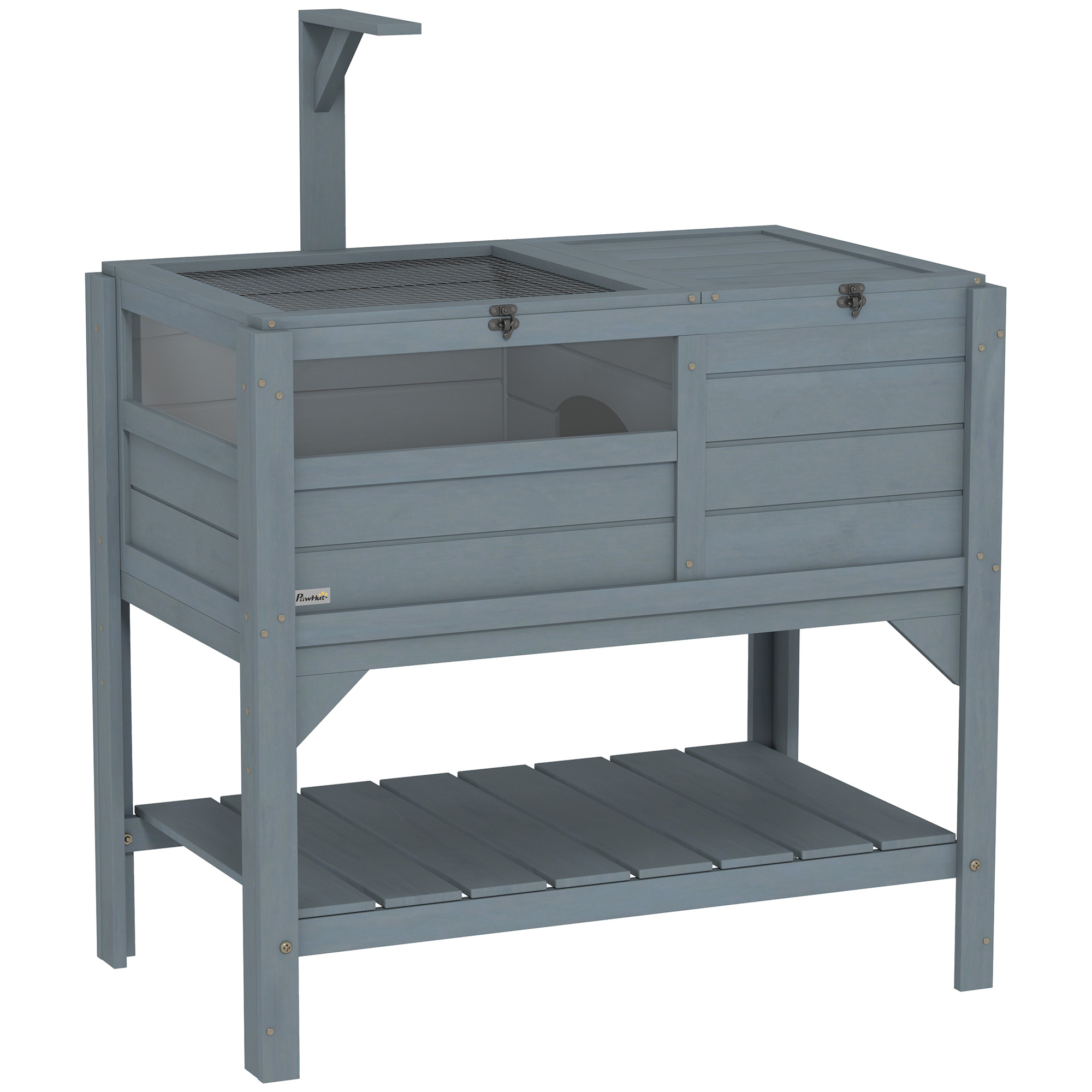 PAWSTER Wooden Tortoise House, with Shelter, Run, Shelf, Lamp Holder, Tray, Grey - Life Essentials