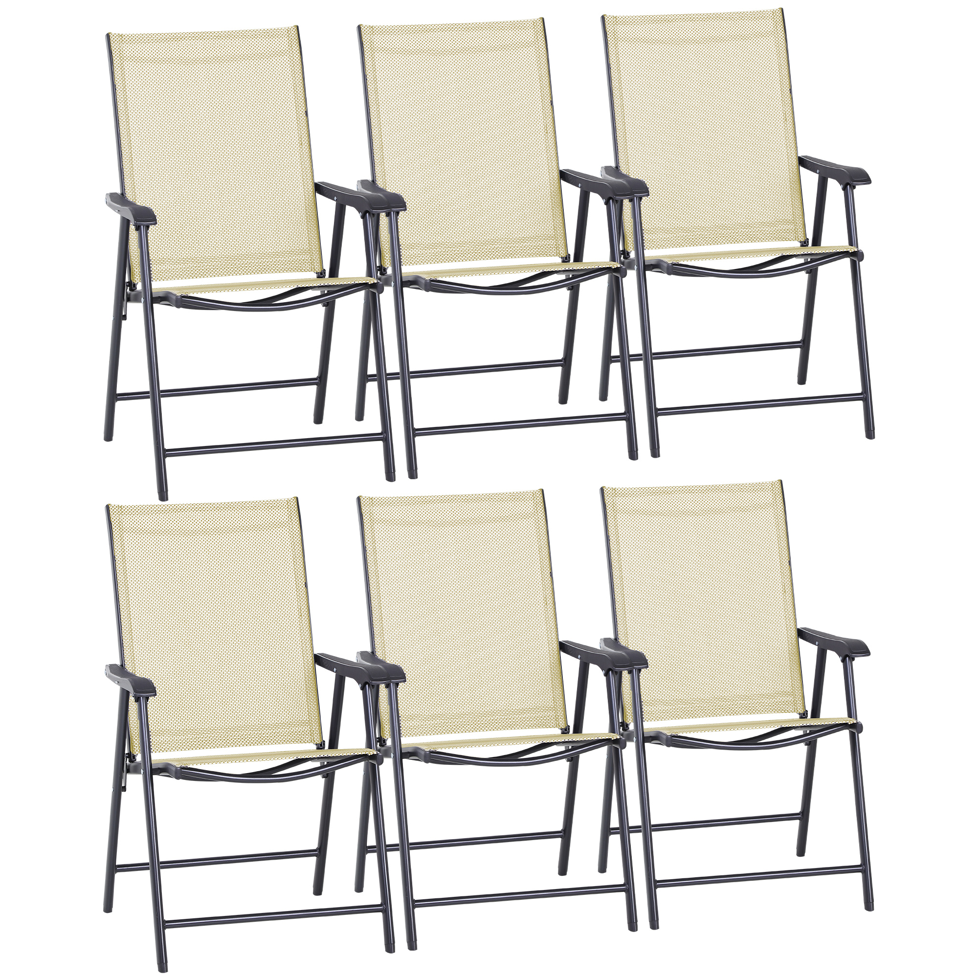 Set of 6 Folding Garden Chairs, Metal Frame Garden Chairs Outdoor Patio Park Dining Seat with Breathable Mesh Seat, Beige - Life Essentials