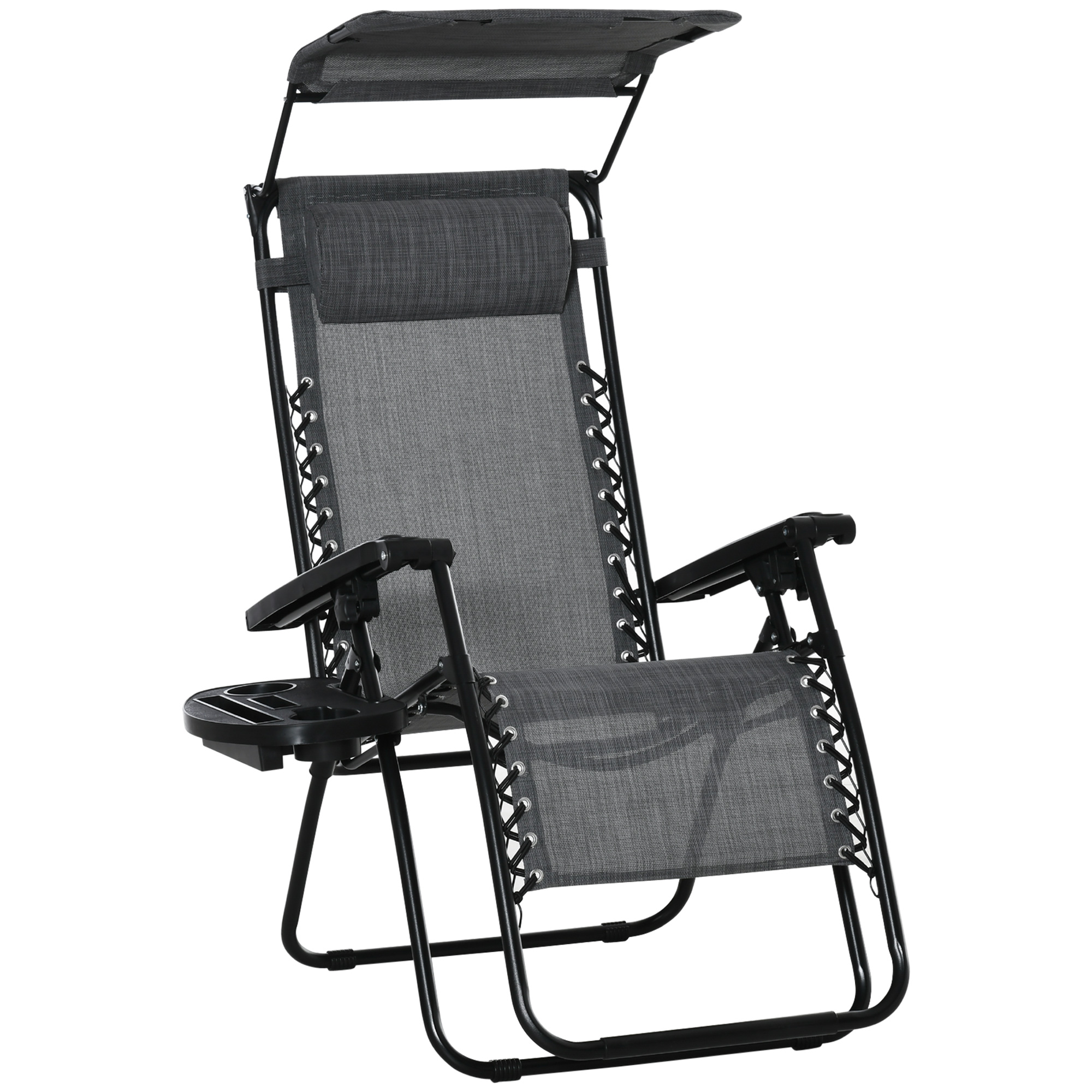 Zero Gravity Garden Deck Folding Chair Patio Sun Lounger Reclining Seat with Cup Holder & Canopy Shade - Grey - Life Essentials