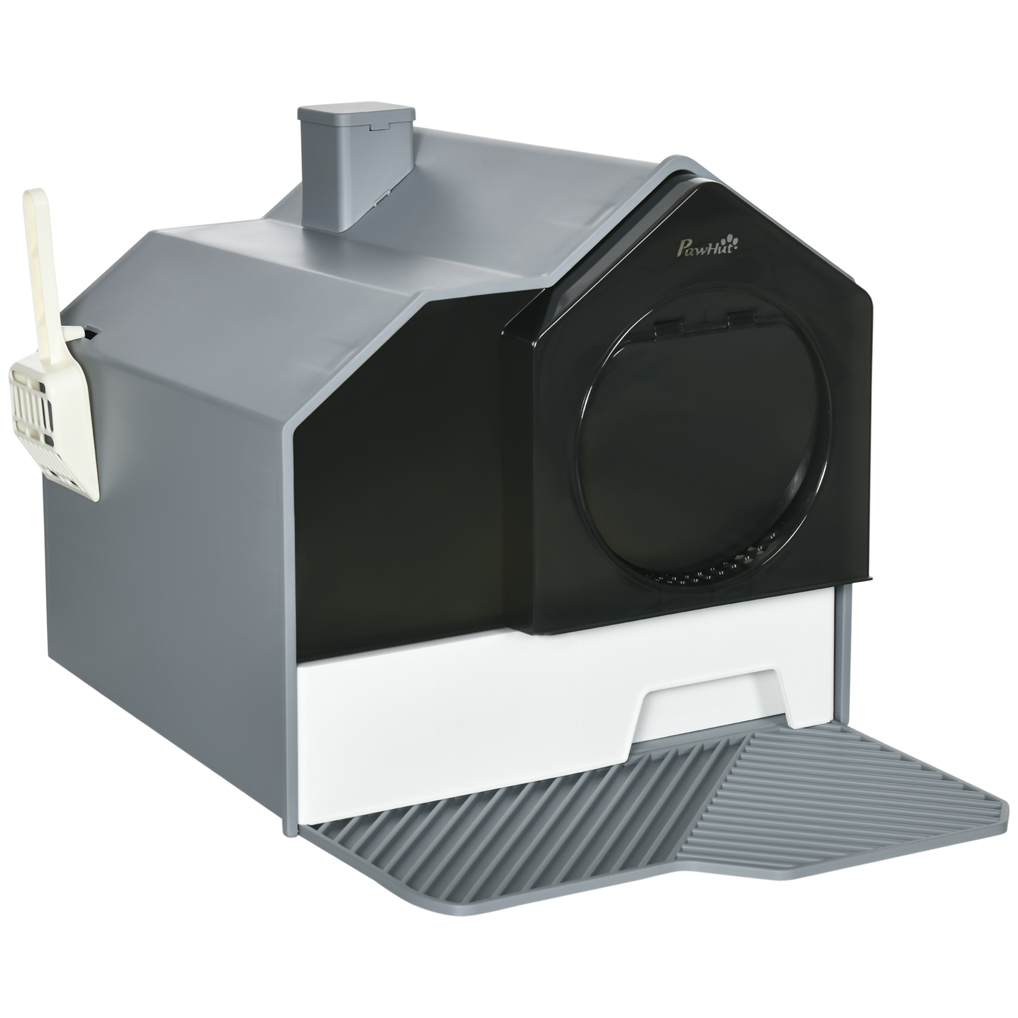 Hooded Cat Litter Tray with Scoop, Cat Litter Box with Drawer Pan, Handle, Deodorants, Hut Design, Front Entrance, 47 x 45 x 42 cm, Grey - Life 