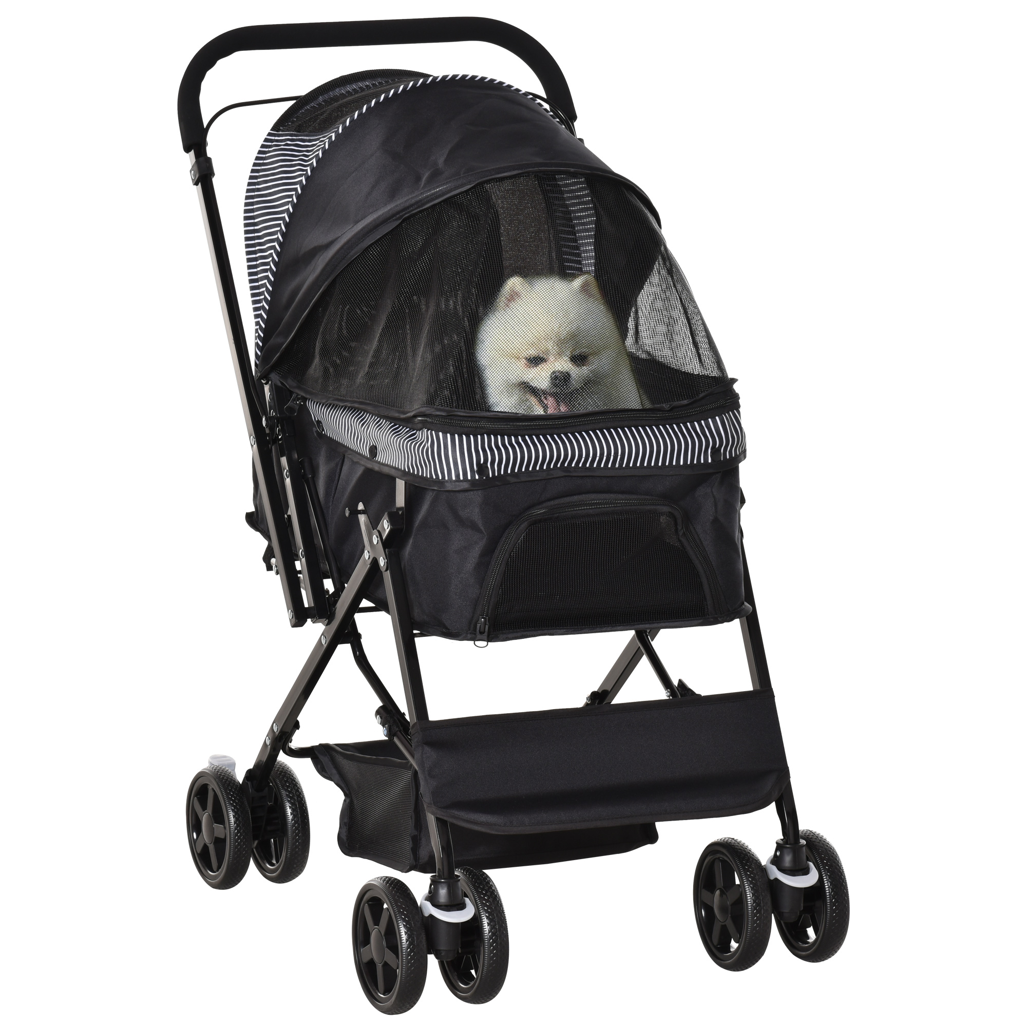 Pet Stroller Pushchair Foldable Travel Dog Cat Carriage w/ Reversible Handle Brake Basket - Life Essentials
