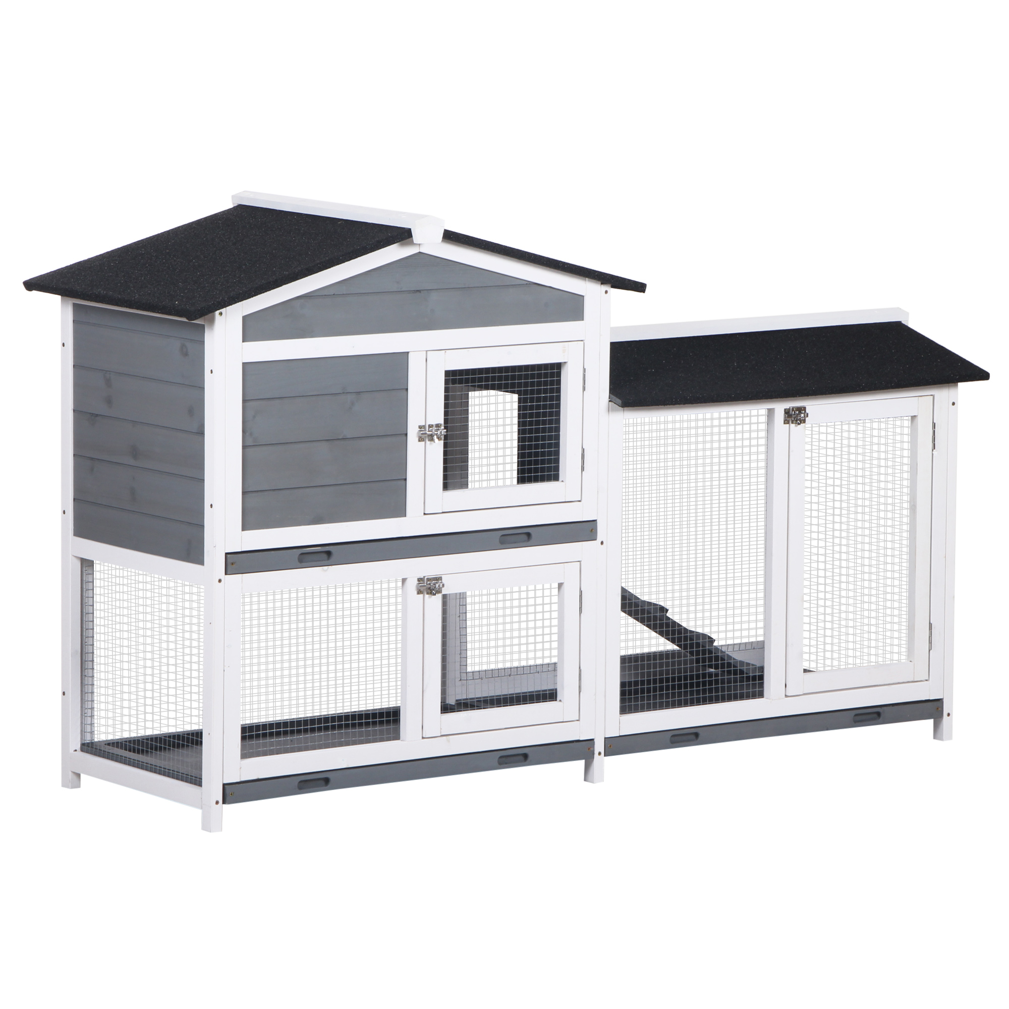 Wooden 2-Tier Rabbit Hutch w/ Tray Ramp Grey - Life Essentials