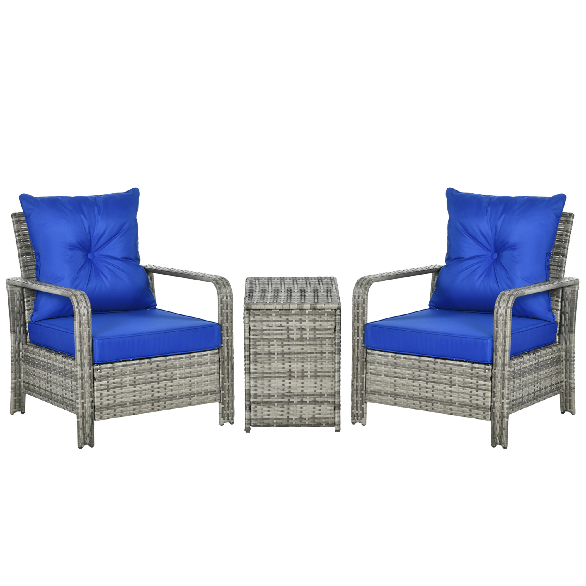 3 pcs PE Rattan Wicker Garden Furniture Patio Bistro Set Weave Conservatory Sofa Storage Table and Chairs Set Blue Cushion Grey Wicker - Life 
