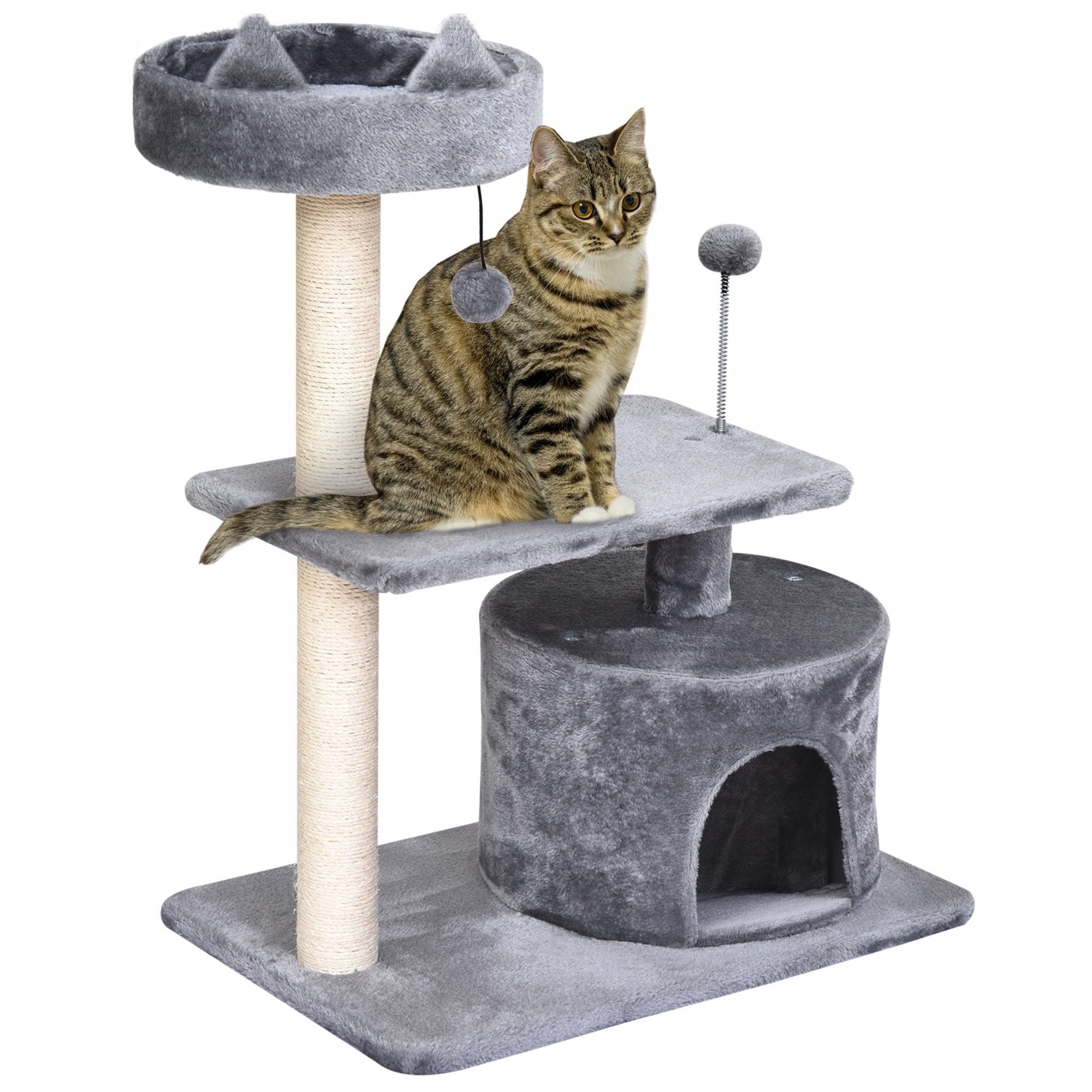 Cats 3-Tier Sisal Rope Scratching Post w/ Toys Grey - Life Essentials