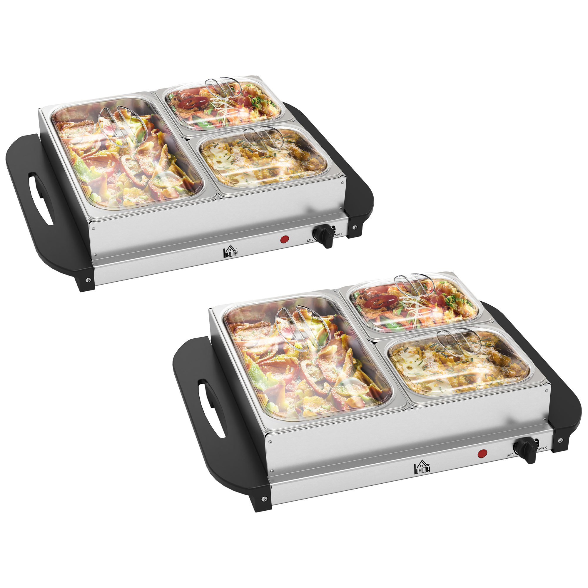 HERON 4.5L Stainless Steel Electric Buffet Server 3x Trays Lids Set of 2 - Life Essentials