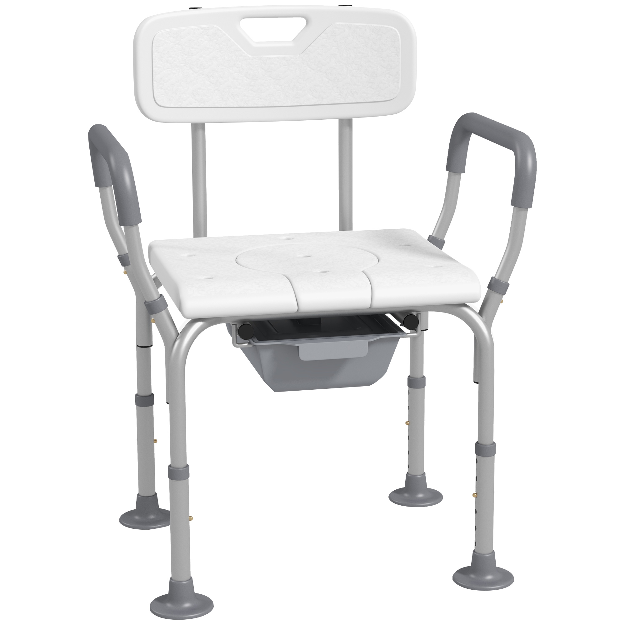 Height Adjustable Shower Stool with Arms and Back, Non-Slip Bedside Commode with Detachable Bucket, White - Life Essentials