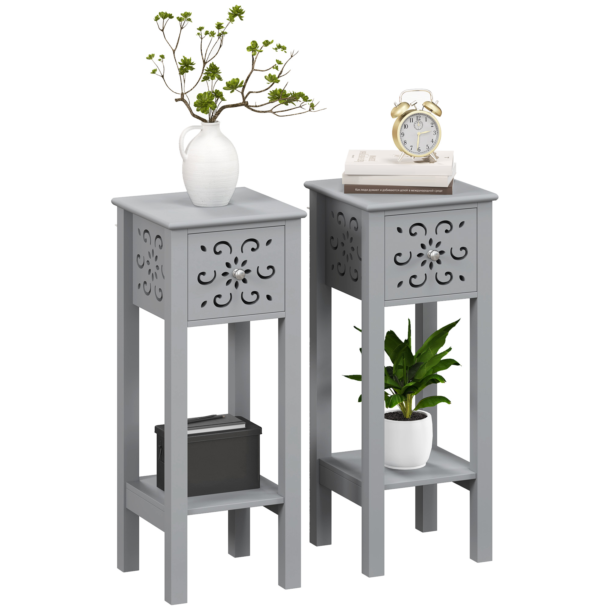 HERON Set of Two Elegant Floral Cut-Out Side Tables - Grey - Life Essentials