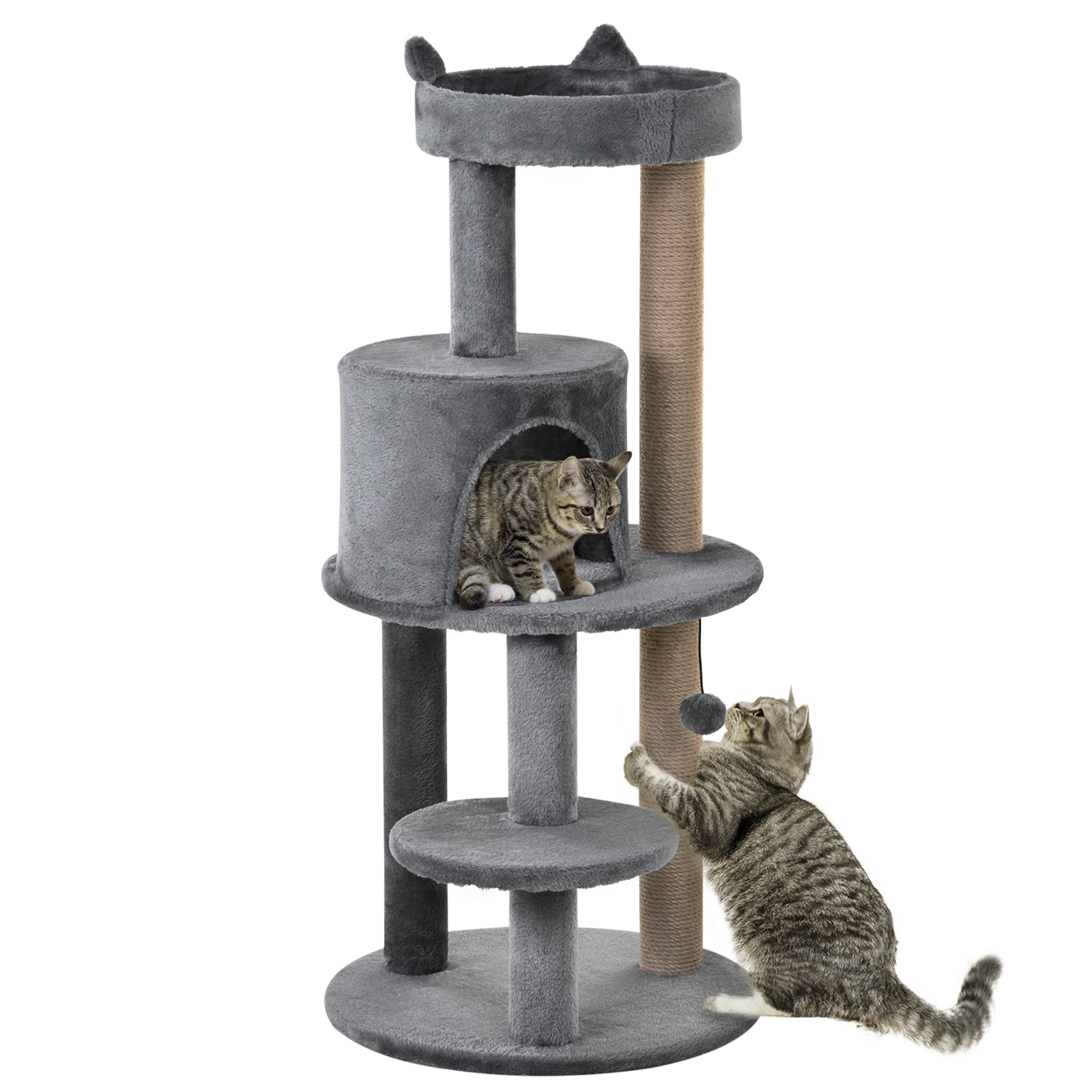 3-Tier Deluxe Cat Activity Tree w/ Scratching Posts Ear Perch House Platform Play Ball Plush Fun Toys Exercise Rest Relax Climb Grey - Life Essentials