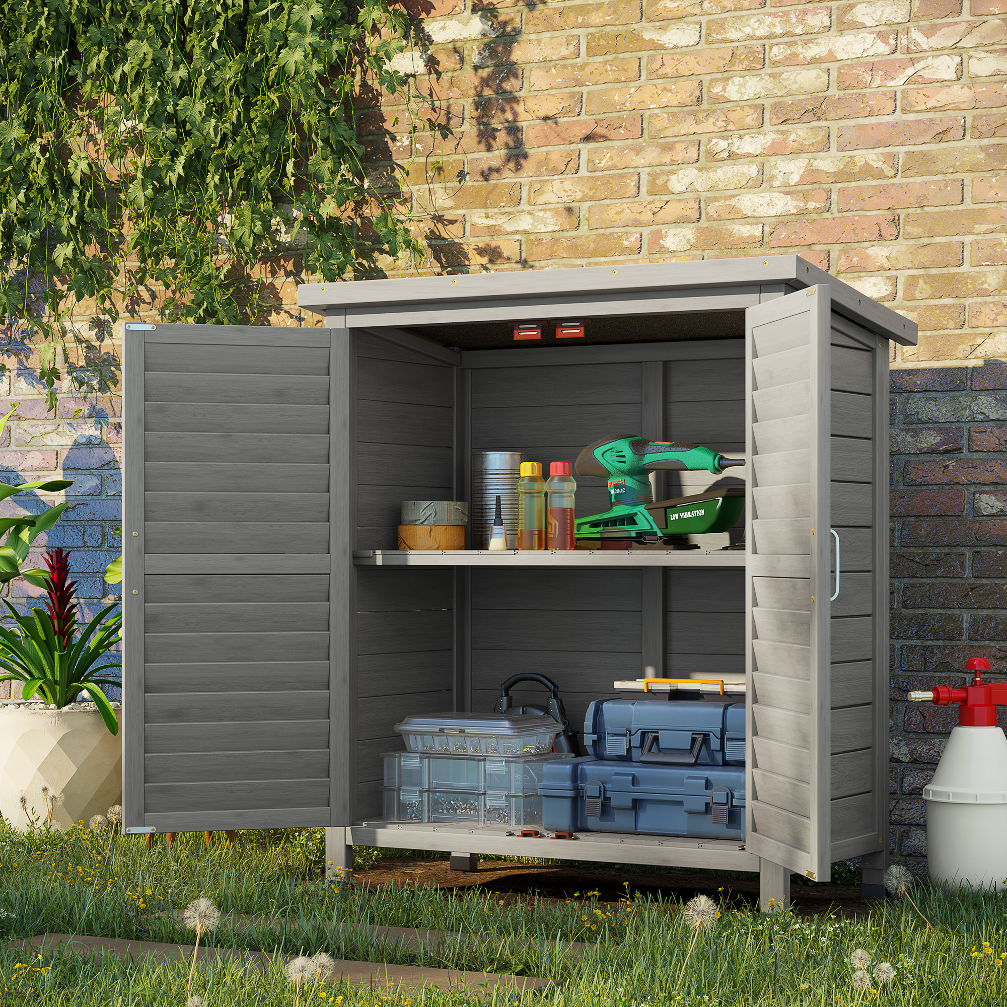 Garden Shed Wooden Garden Storage Shed 2 Door Unit Solid Fir Wood Garage Tool Organisation Cabinet, 87L x 46.5W x 96.5Hcm, Grey - Life Essentials