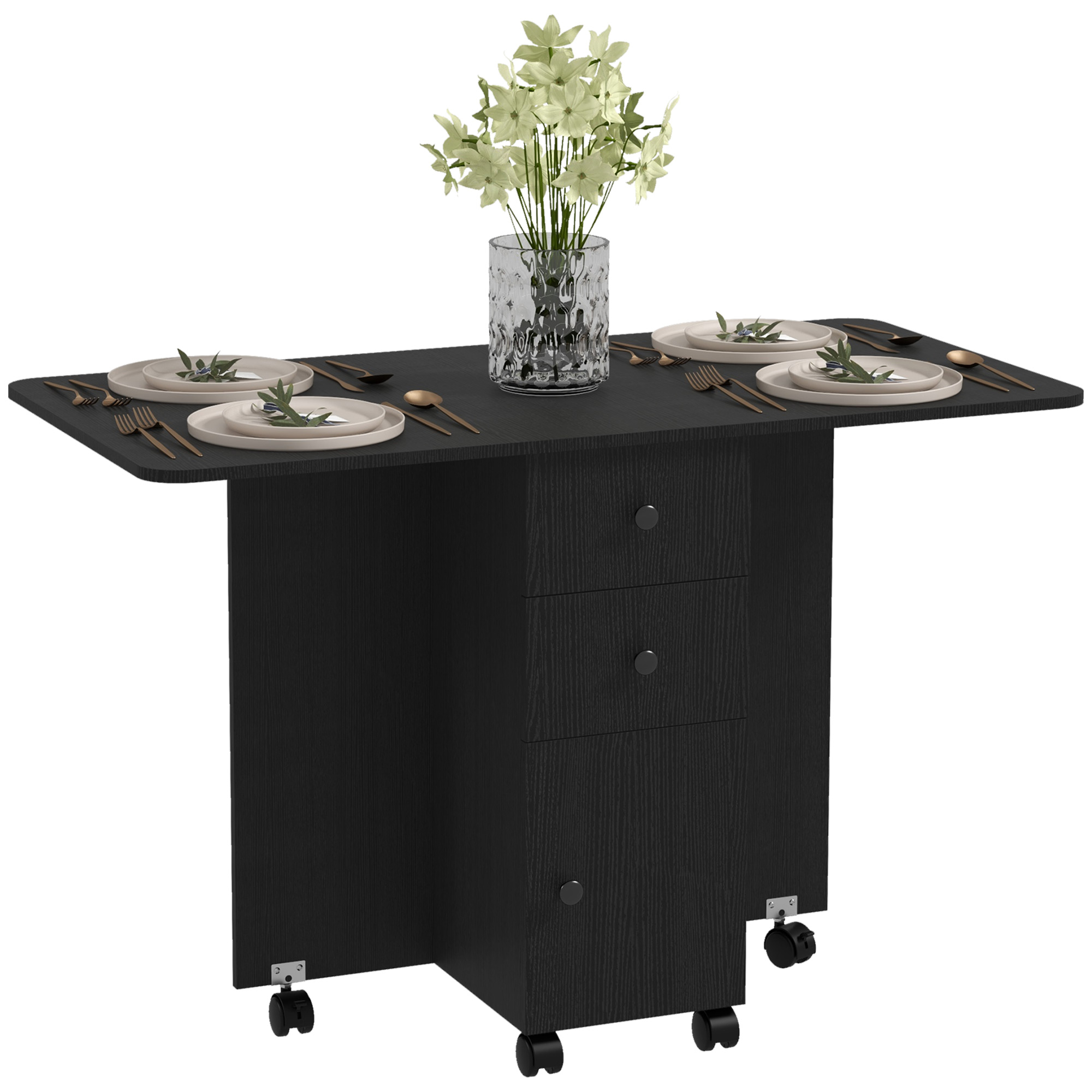 HERON Multi-Storage Six-Person Drop Leaf Dining Table - Distressed Black - Life Essentials