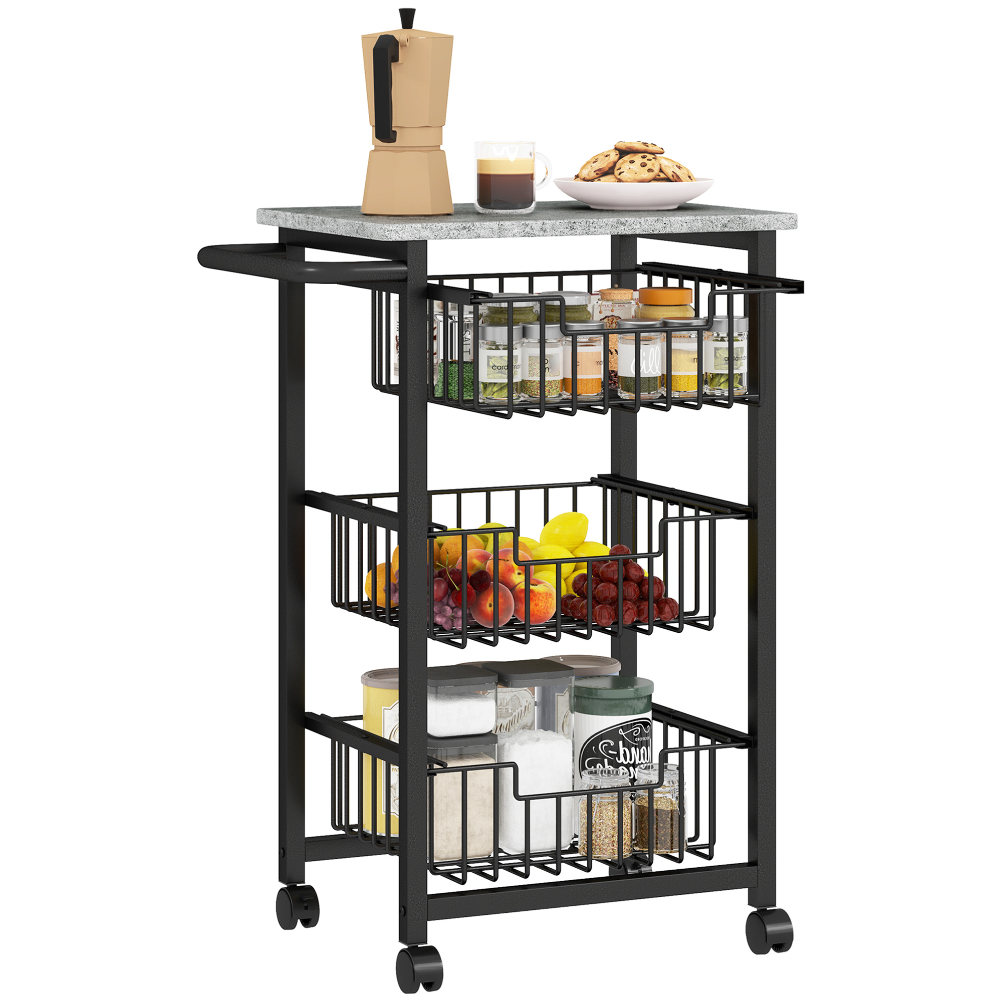 HERON Three Basket Mobile Kitchen Island, with Brakes - Grey/Black - Life Essentials