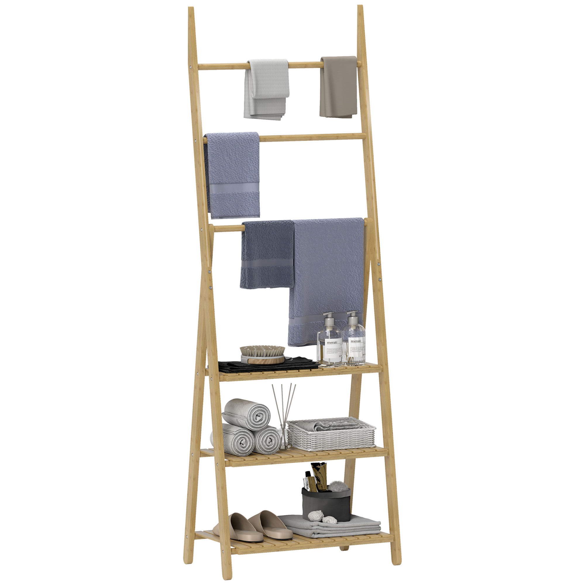 HERON Three-Shelf Bamboo Storage Unit, with Towel Racks - Natural Finish - Life Essentials