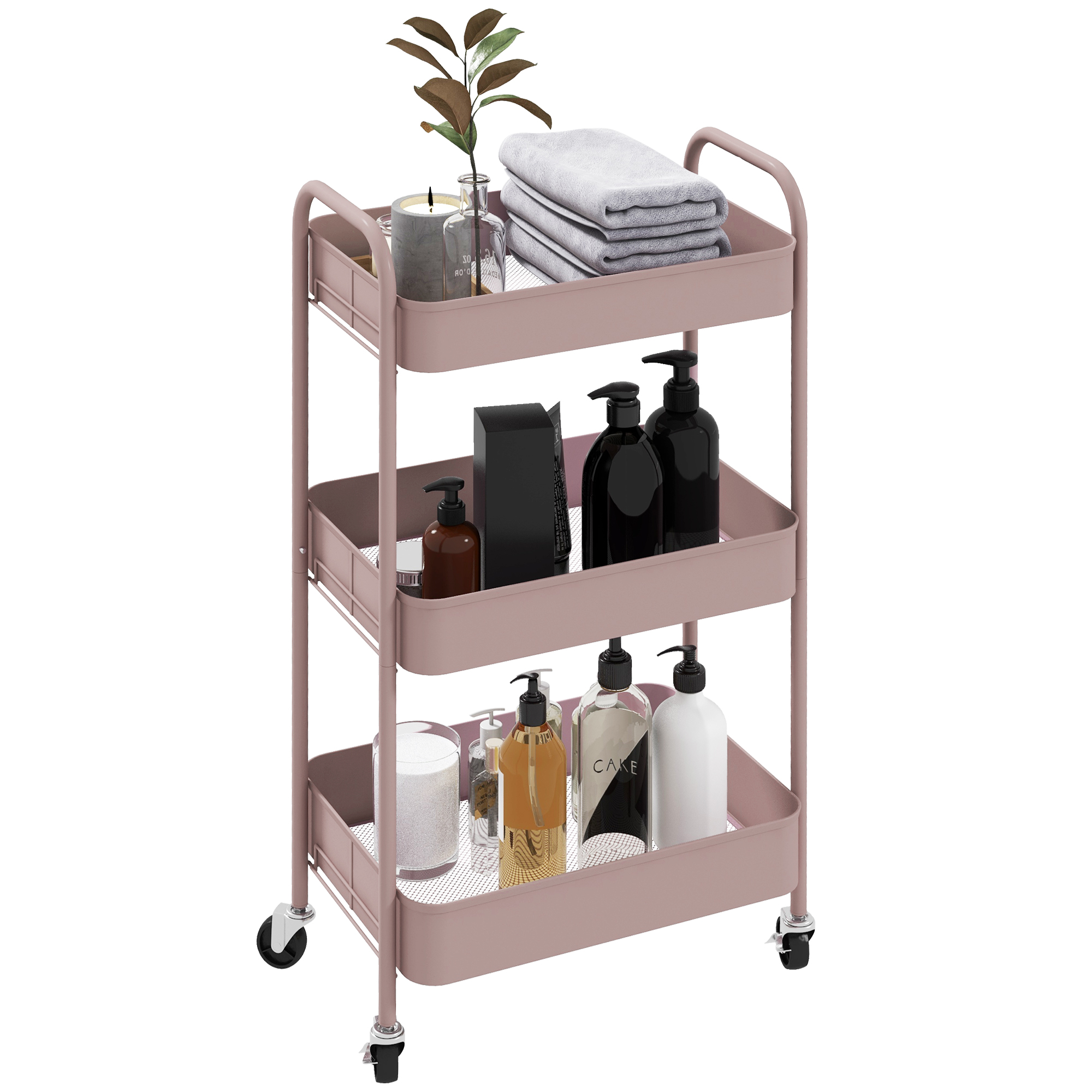 Kitchen Trolley - 3-Tier Steel Storage Trolley Pink 45cm - Life Essentials