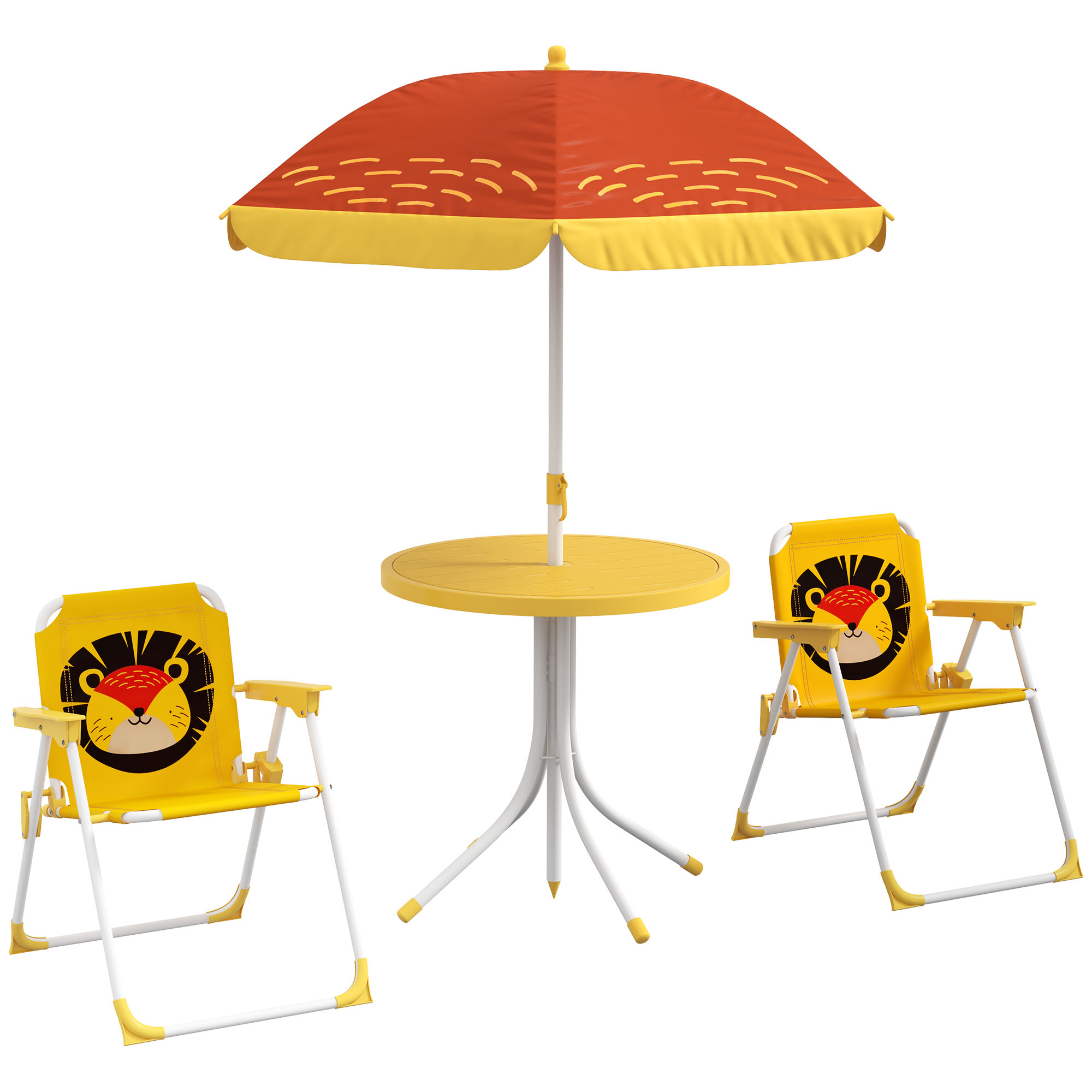Kids Picnic Table and Chair Set Lion Themed Outdoor Garden Furniture w/ Foldable Chairs, Adjustable Parasol - Yellow - Life Essentials