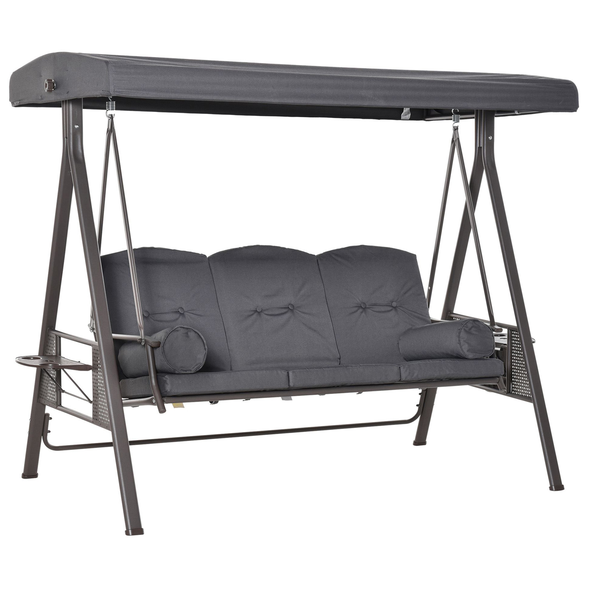 3 Seater Garden Swing Chair Outdoor Hammock Bench w/ Adjustable Canopy, Cushions and Cup Trays, Steel Frame, Dark Grey - Life Essentials