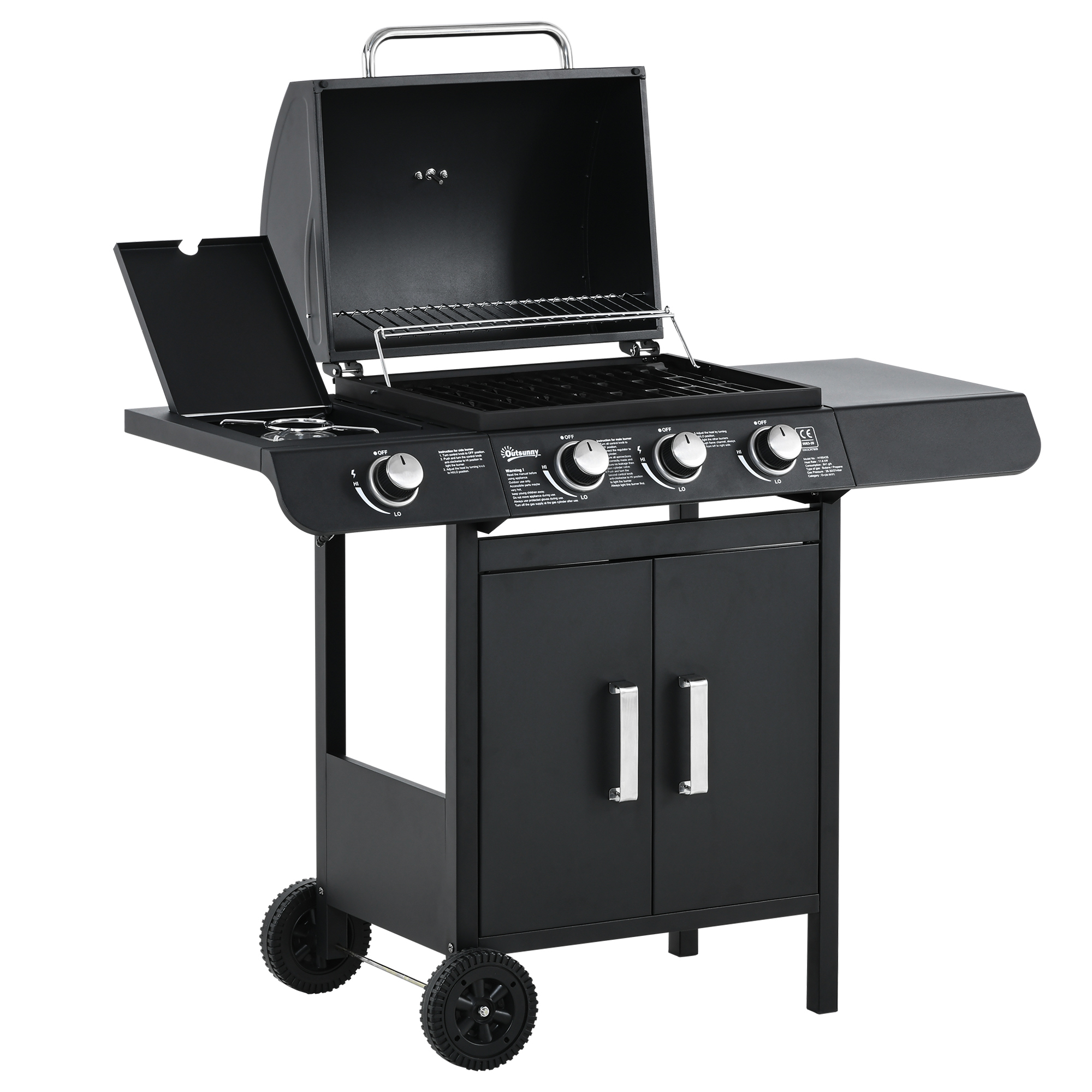 Gas Burner Barbecue Grill 3+1 Burner Garden BBQ Trolley w/ Side Burner Warming Rack Side Shelves Storage Cabinet Piezo Ignition 110x50x100cm - Life 