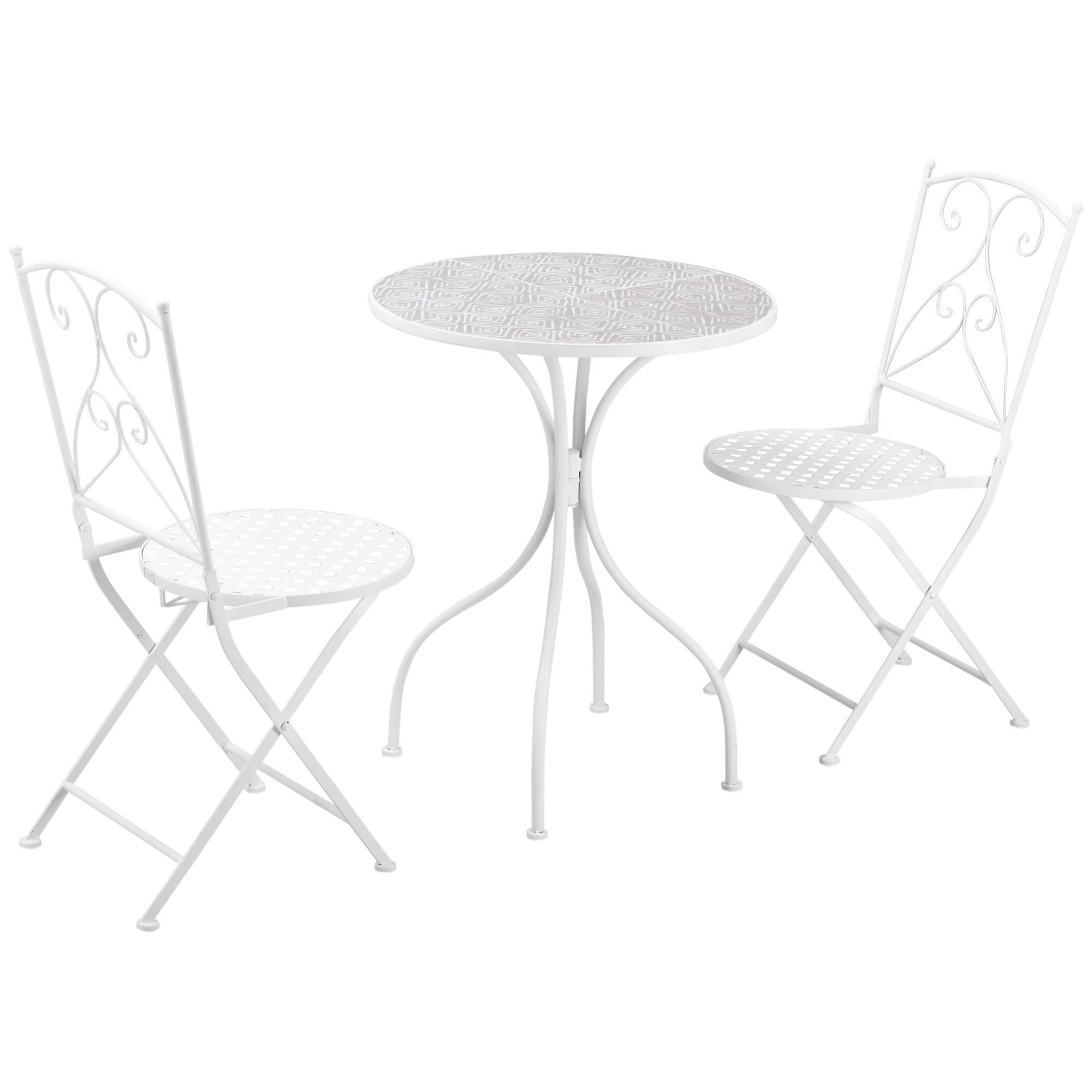 3 Piece Garden Bistro Set, Folding Outdoor Chairs and Mosaic Round Tabletop for Outdoor, Metal, Balcony, Poolside, White - Life Essentials