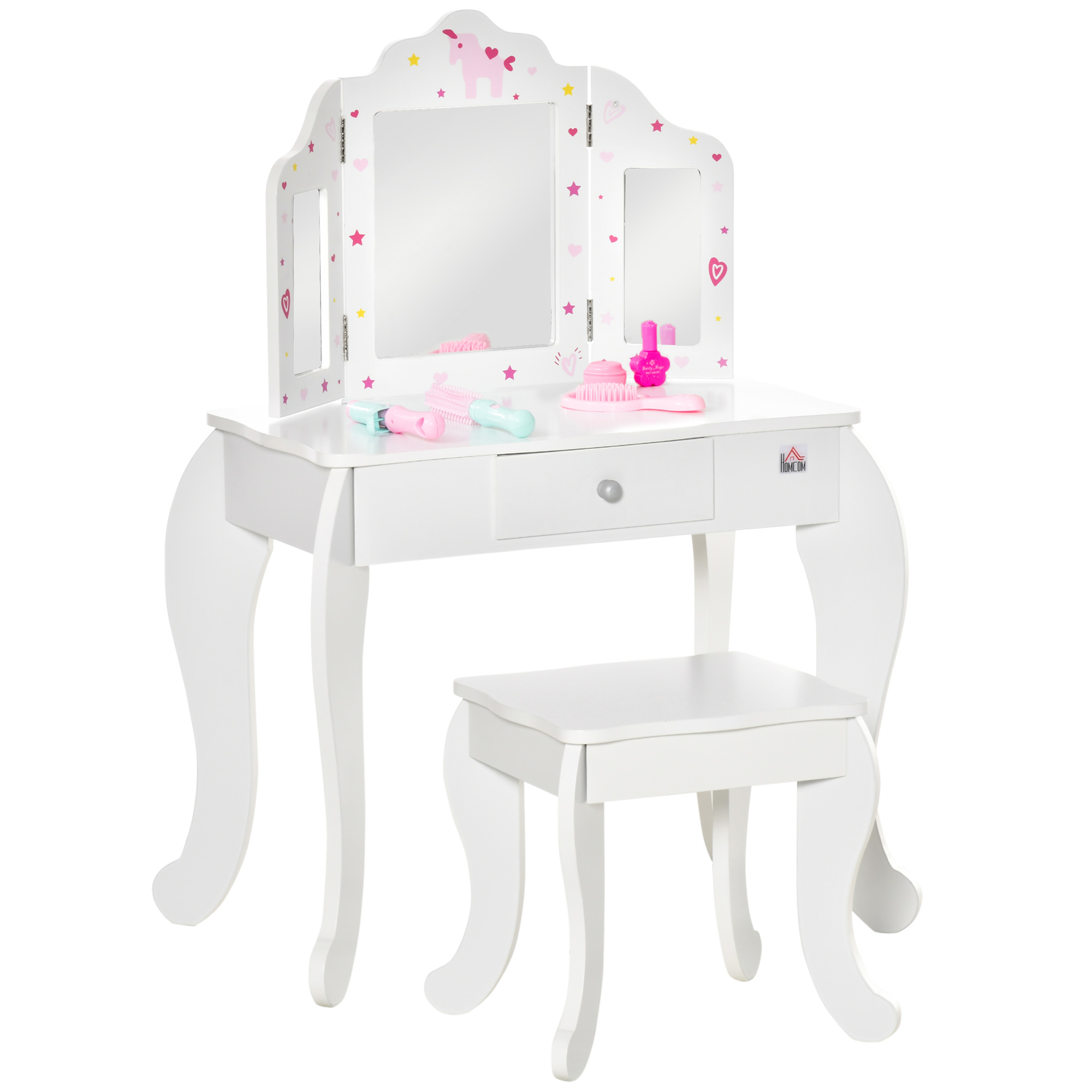 Kids Vanity Table & Stool Girls Dressing Set Make Up Desk Chair Dresser Play Set with Rotatable Mirrors Drawer Star & Heart Pattern White - Life 