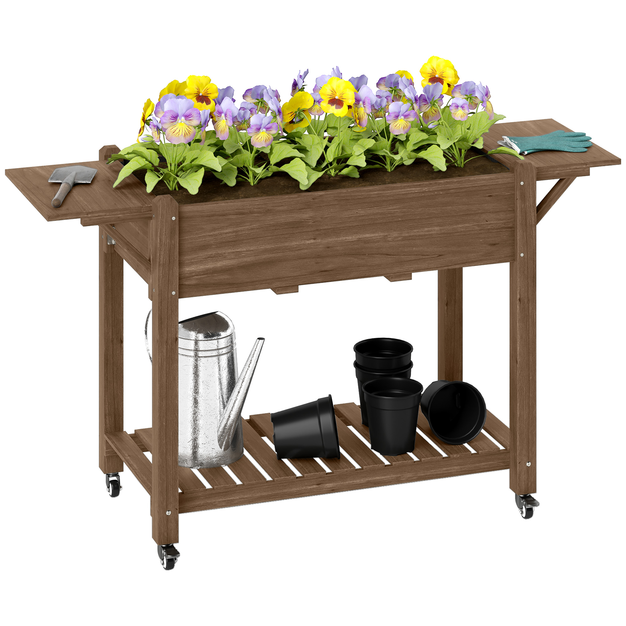 SUNVISTA Raised Garden Bed, Wooden Elevated Planter Box with Lockable Wheels, Side Tables and Bottom Shelf, Carbonised - Life Essentials