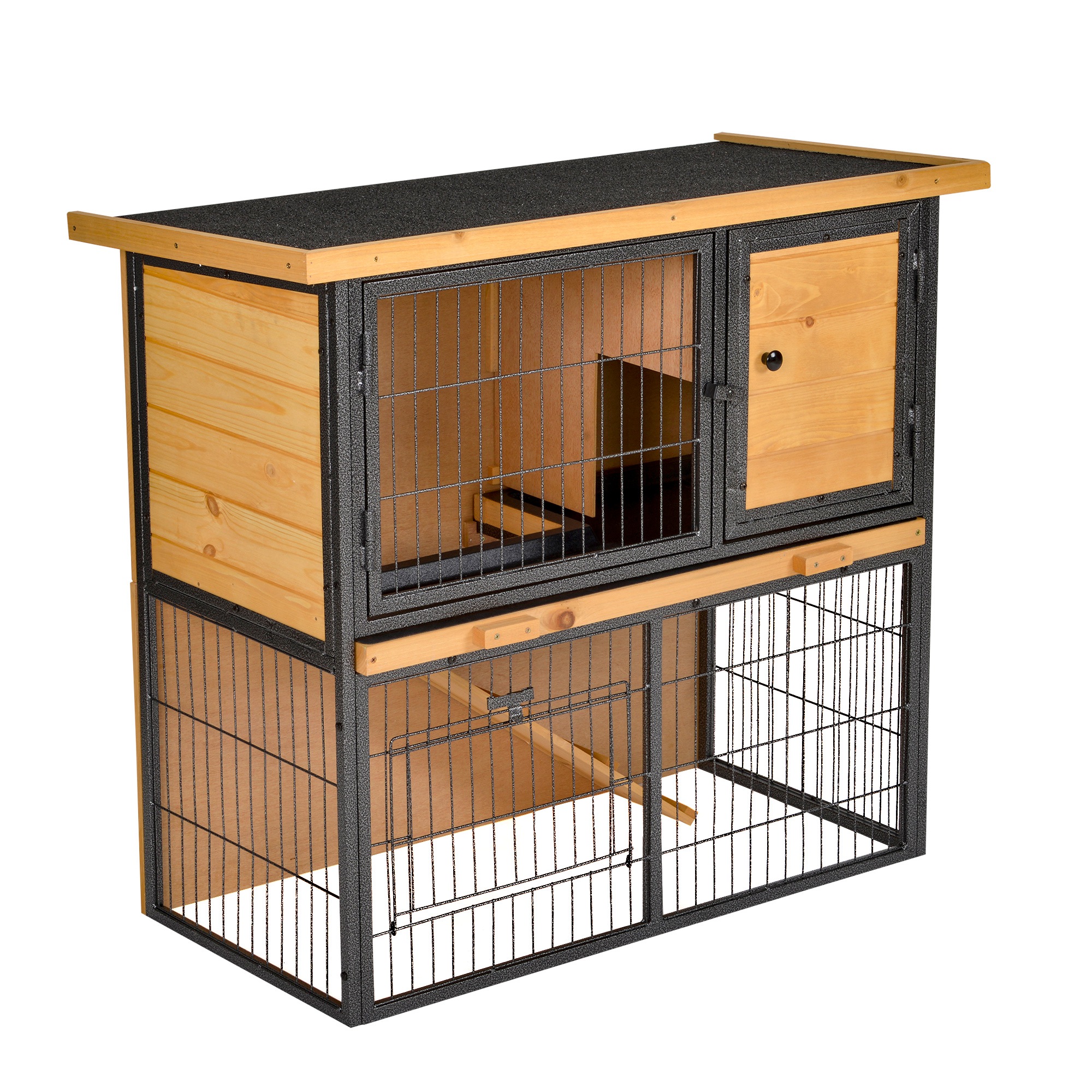 Wood-metal Rabbit Hutch Elevated Pet House Bunny Cage with Slide-Out Tray Asphalt Openable Roof Lockable Door Outdoor - Life Essentials