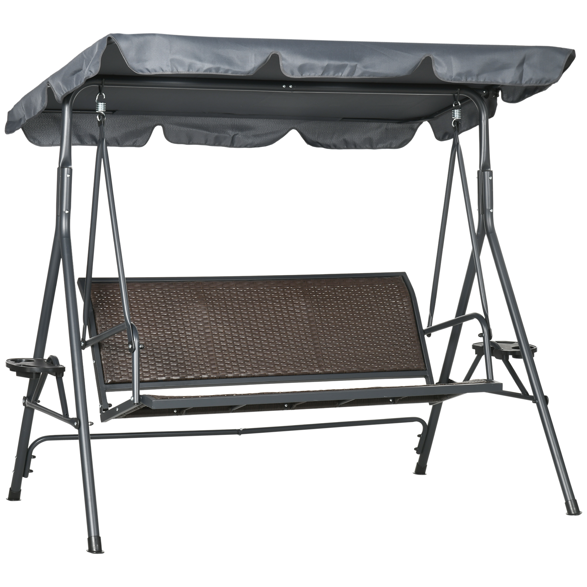 3 Seater Swing Chair, Garden Swing Seat Bench with Adjustable Canopy, Rattan Seat, and Steel Frame for Patio, Yard - Life Essentials