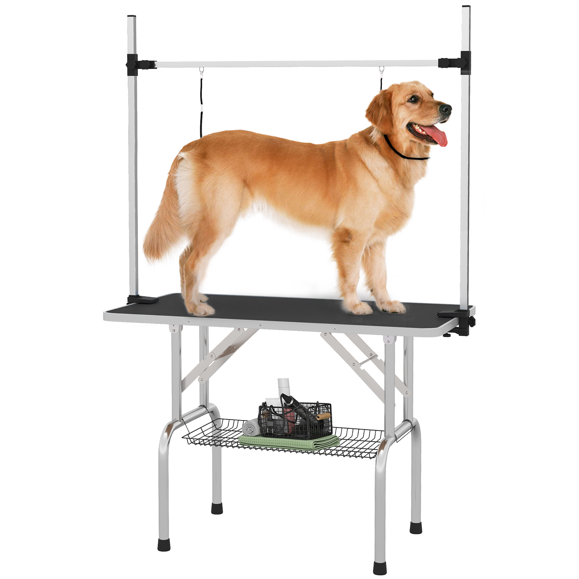 Adjustable Dog Grooming Table Rubber Top 2 Safety Slings Mesh Storage Basket Heavy Metal Black 107 x 60 x 170cm - Life Essentials