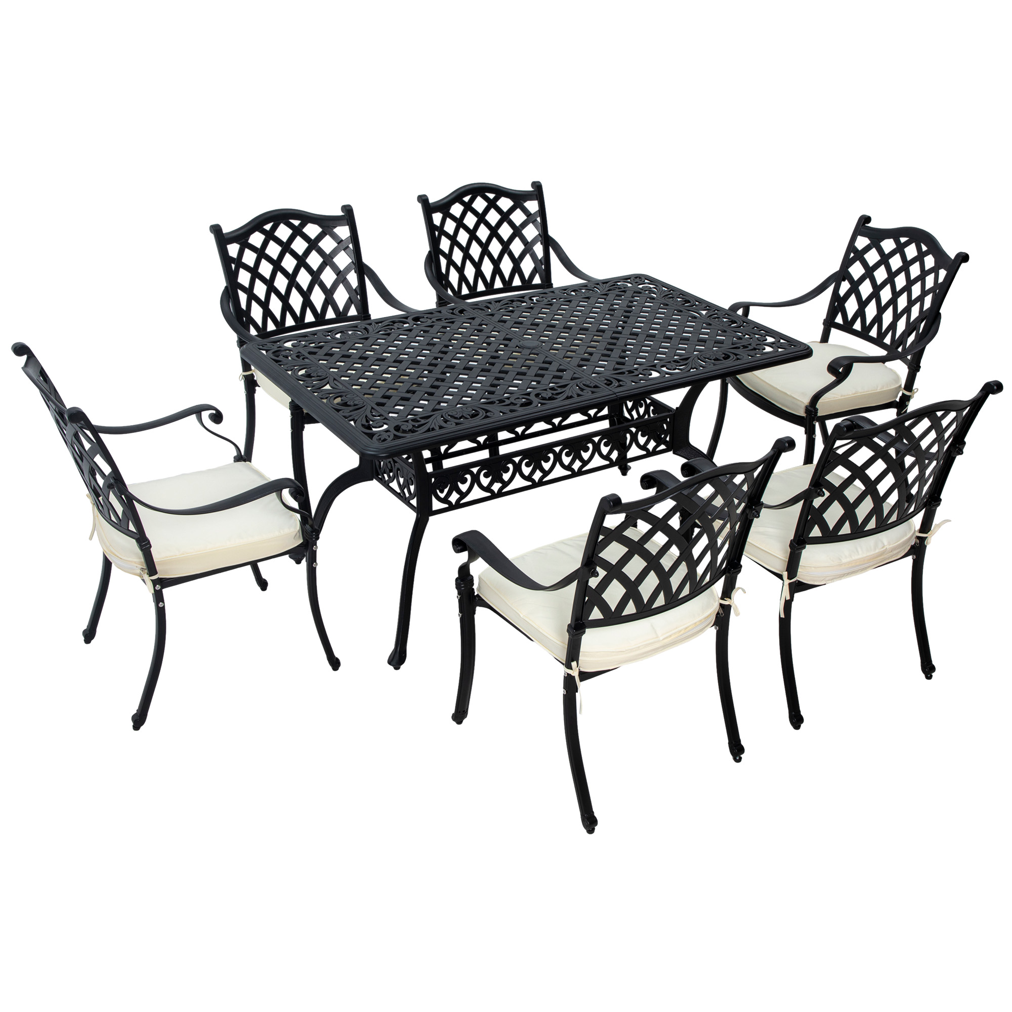7 Pieces Aluminium Patio Dining Set with Umbrella Hole Black - Life Essentials