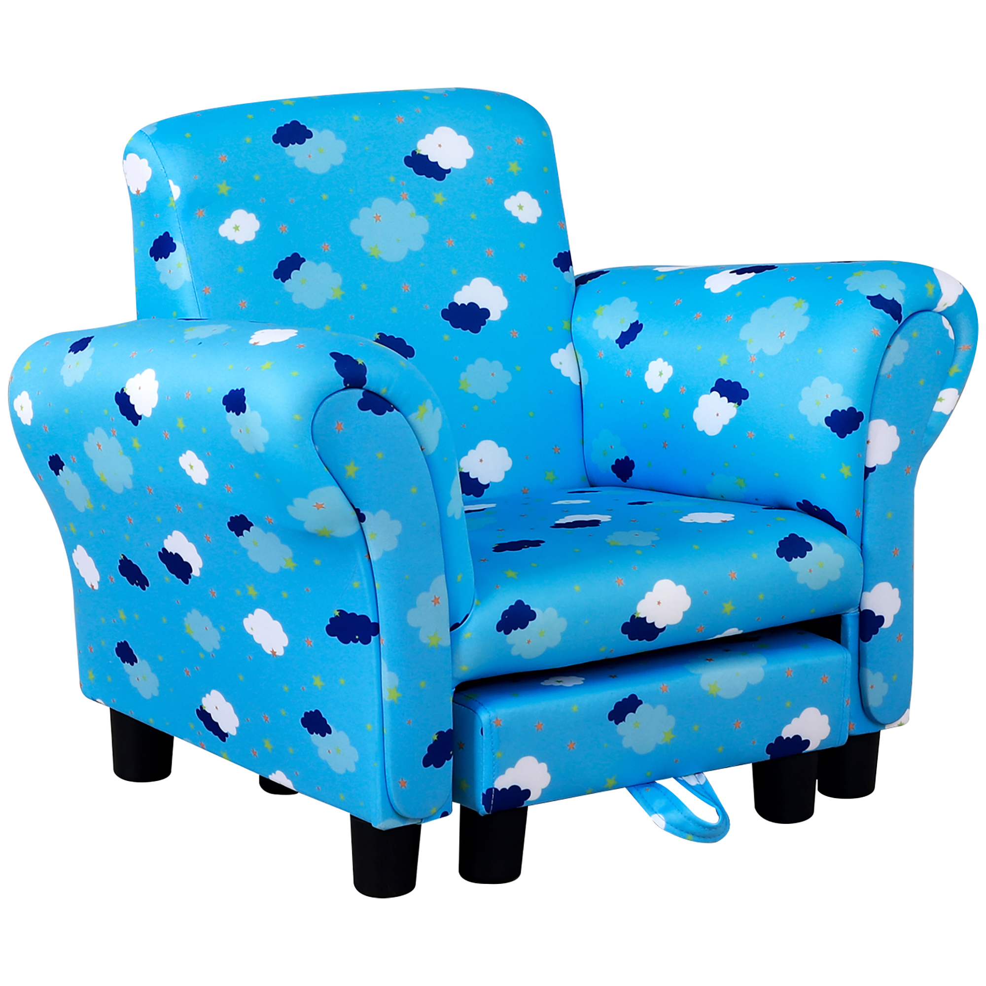 Wood Frame High Back Arms Kids Mini Sofa Armchair with Footrest - Cute Cloud Star Blue - Life Essentials