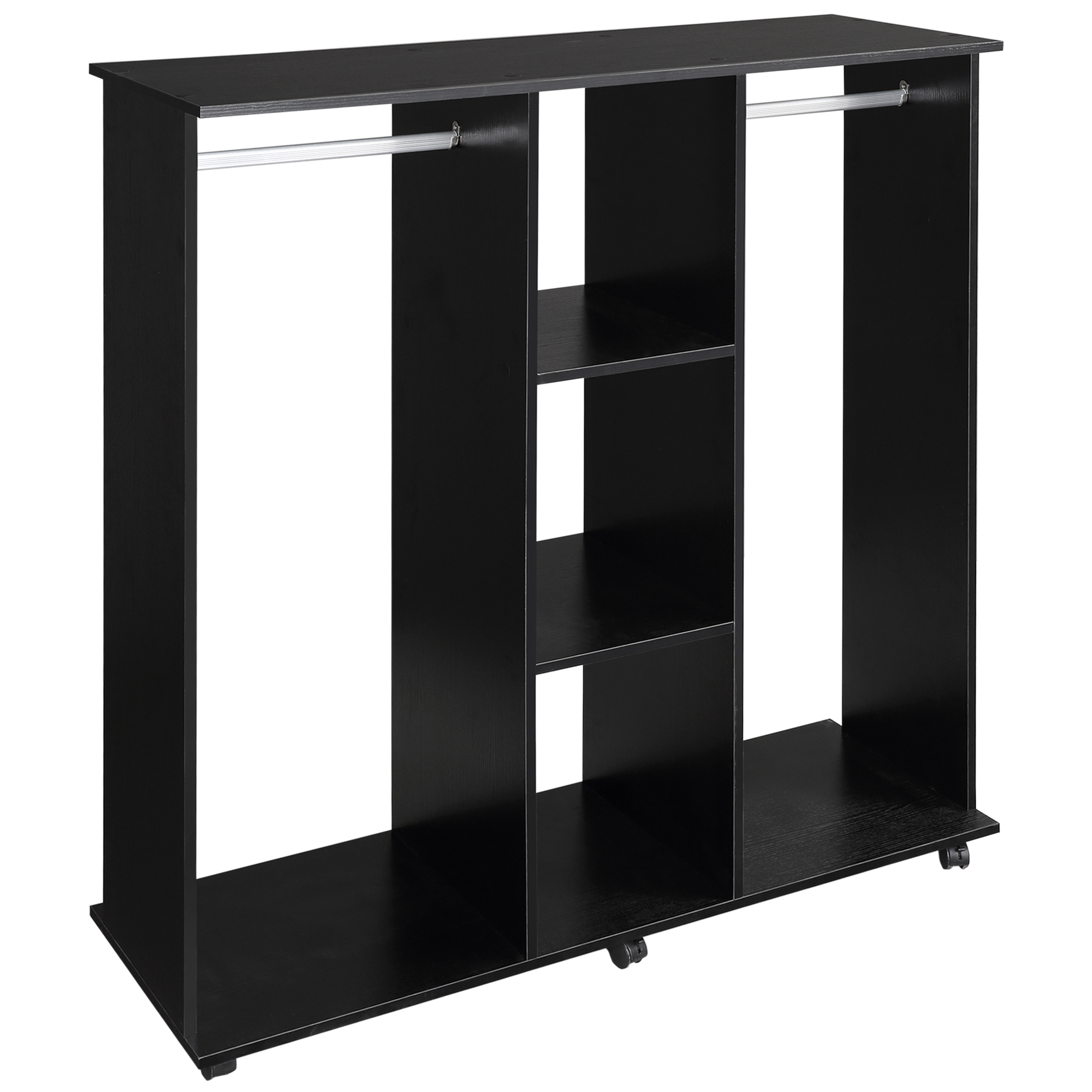 Double Mobile Open Wardrobe With Clothes Hanging Rails Storage Shelves Organizer Bedroom Furniture - Black - Life Essentials
