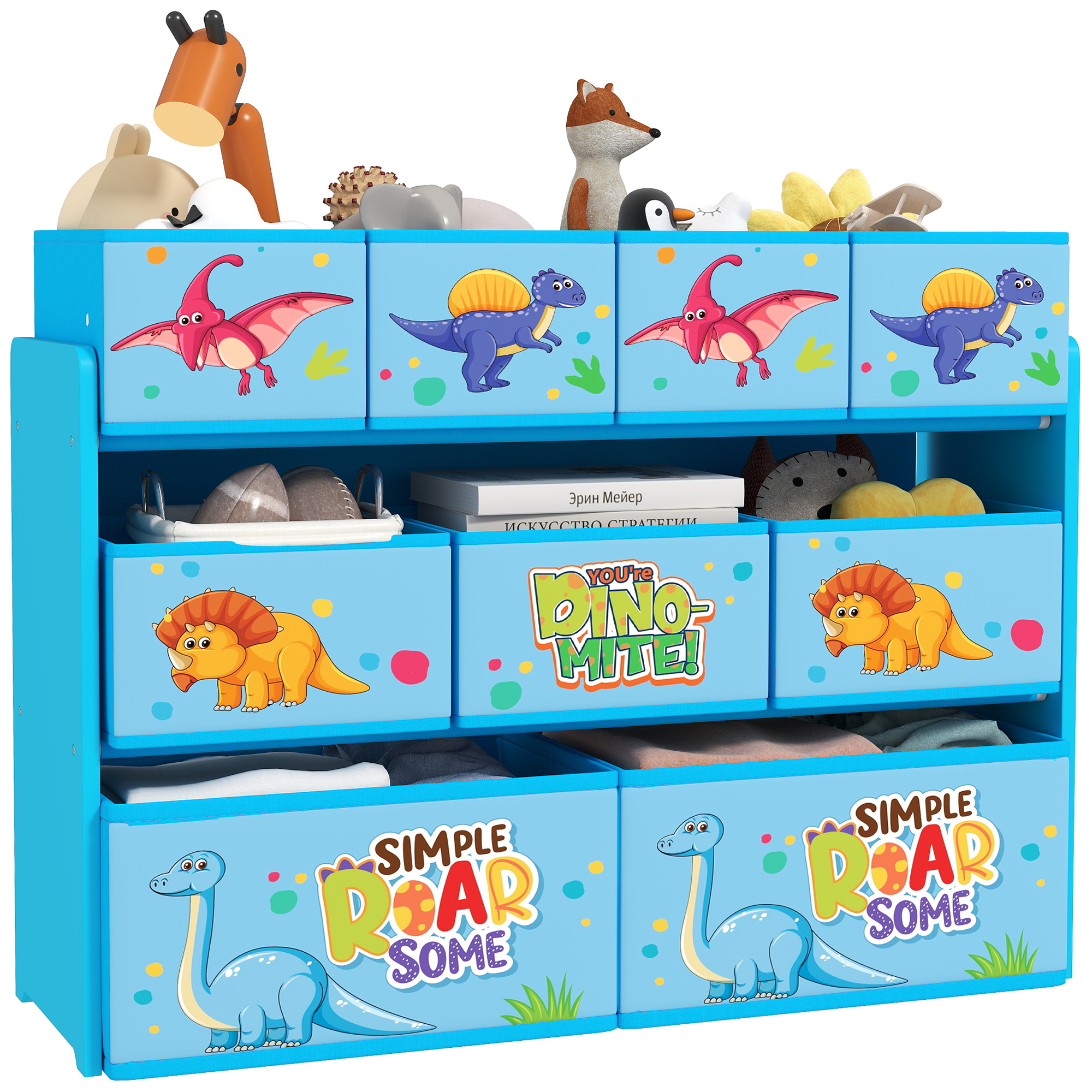 AIVAGO 3-Tier Kids Storage Unit with 9 Non-Woven Fabric Boxes for Toys, Books for Bedroom, Nursery, Blue