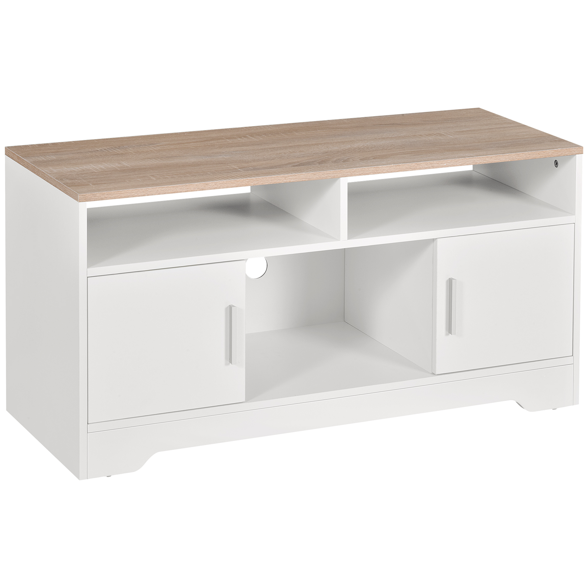 TV Stand for TVs up to 42 Inches with Cabinets, Shelves and Wide Tabletop for Living Room, Bedroom, Dining Room, White and Wood Color - Life 