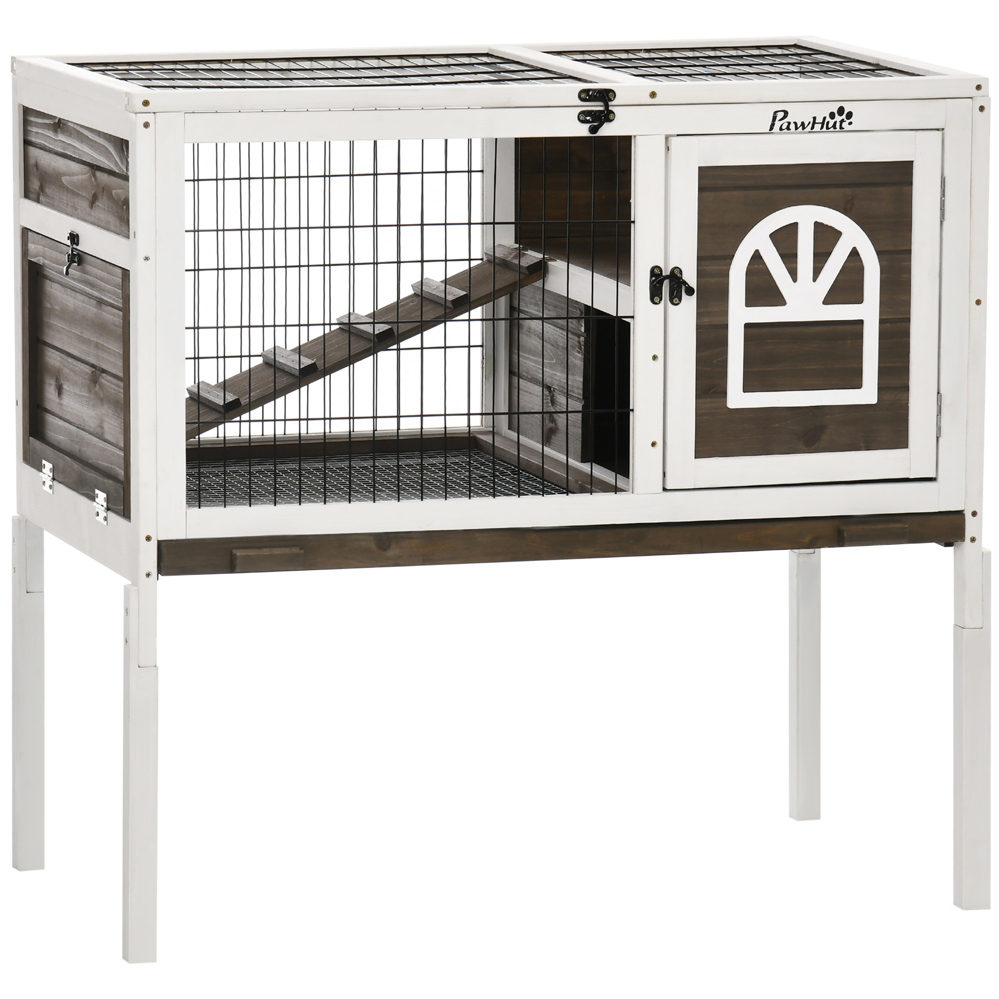 Wooden Rabbit Hutch with Openable Roof, Elevated Guinea Pig Cage with Ladder, Small Animal House w/ Slide-out Tray 90 x 53 x 87cm Coffee Brown - Life 
