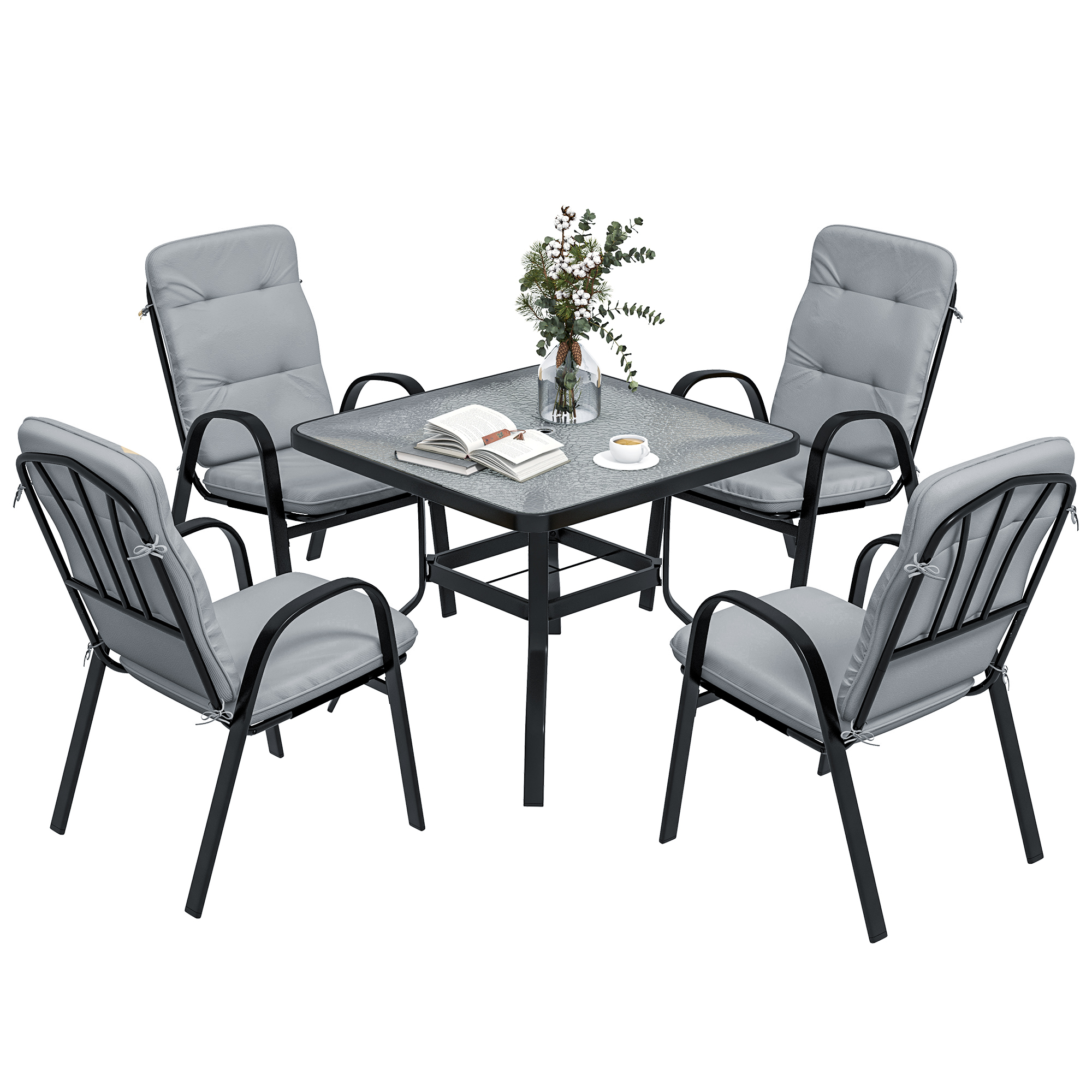 5 Pieces Garden Dining Set, Outdoor Square Dining Table and 4 Cushioned Armchairs, Tempered Glass Top Table w/ Umbrella Hole Black - Life Essentials