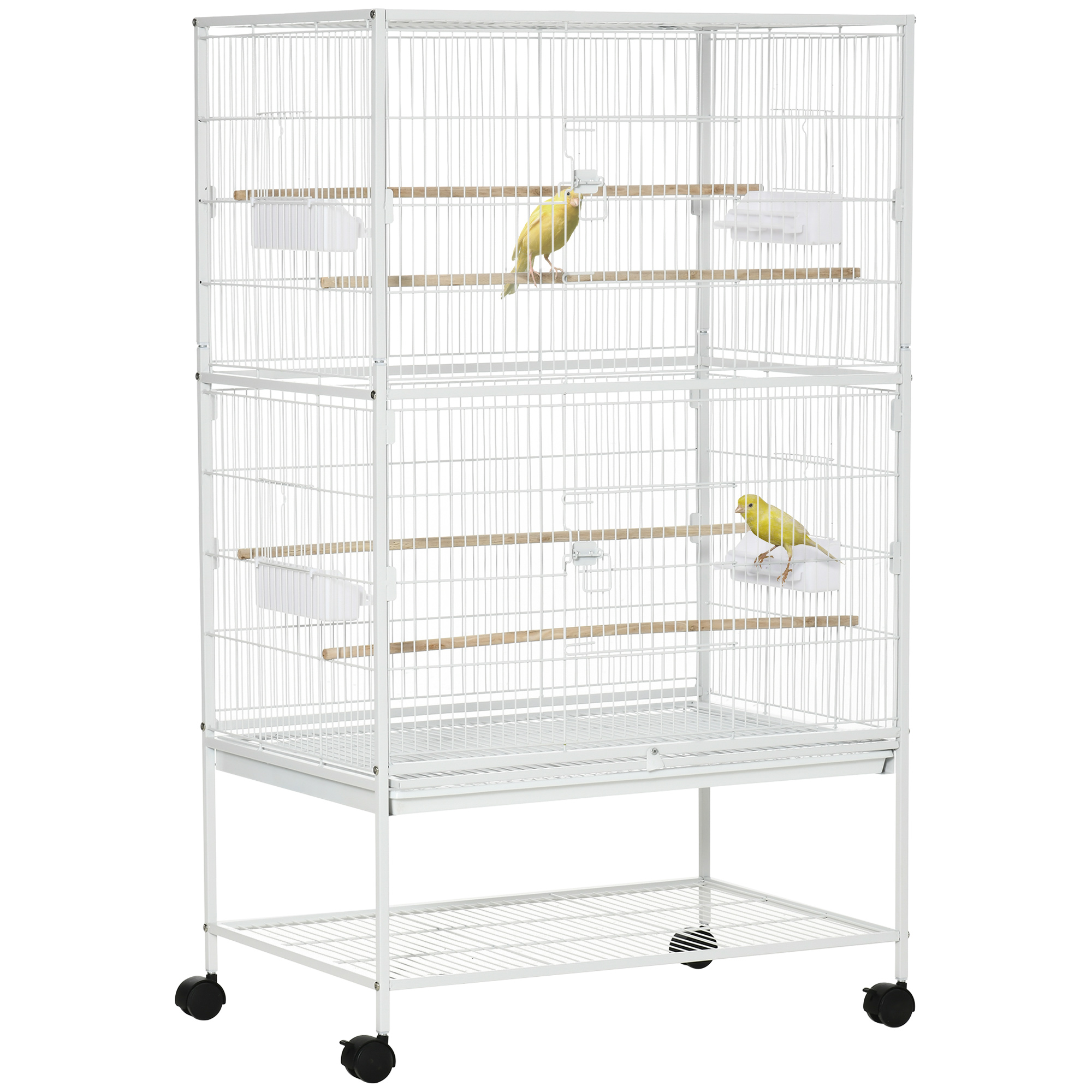 Large Bird Cage Aviary for Finch Canaries, Budgies with Rolling Stand, Slide-out Tray, Storage Shelf, Wood Perch, Food Containers, White - Life 