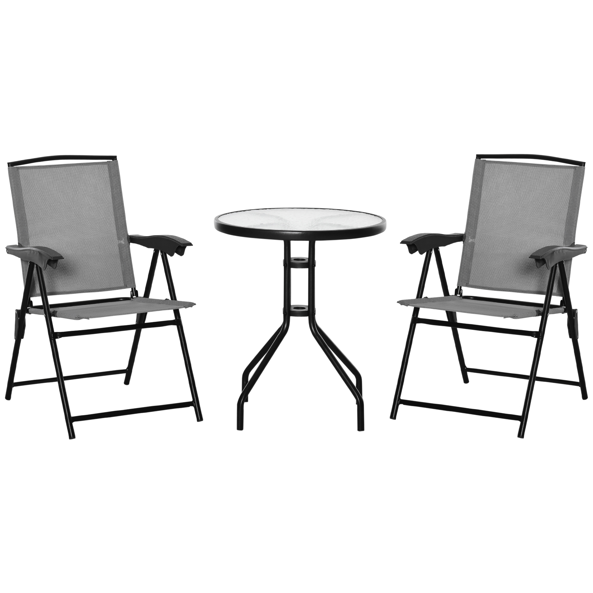 3 Piece Patio Furniture Bistro Set 2 Folding Chairs 1 Tempered Glass Table Adjustable Backrest - Grey - Life Essentials