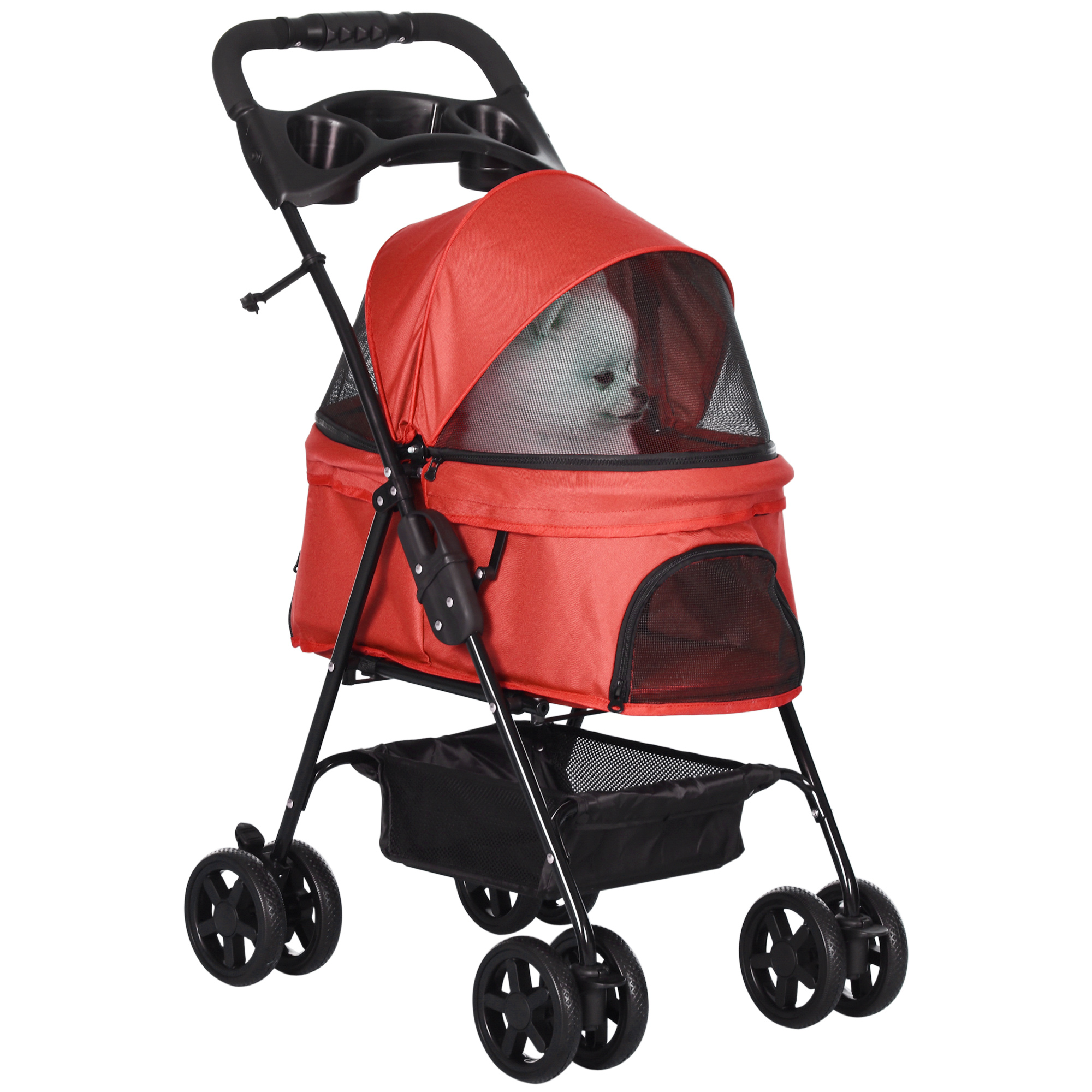 Pet Stroller No-Zip Dog Cat Travel Pushchair Fold Trolley Jogger with EVA Wheels Brake Basket Adjustable Canopy Safety Leash Red - Life Essentials