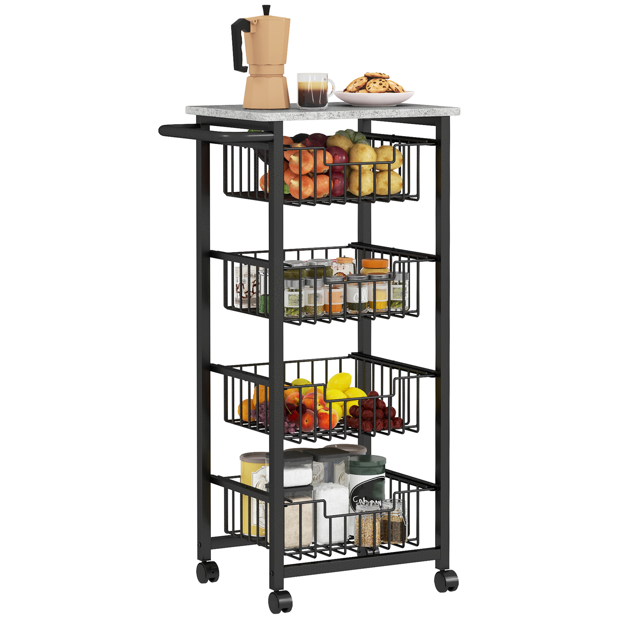 HERON Four Basket Mobile Kitchen Island, with Brakes - Grey/Black - Life Essentials