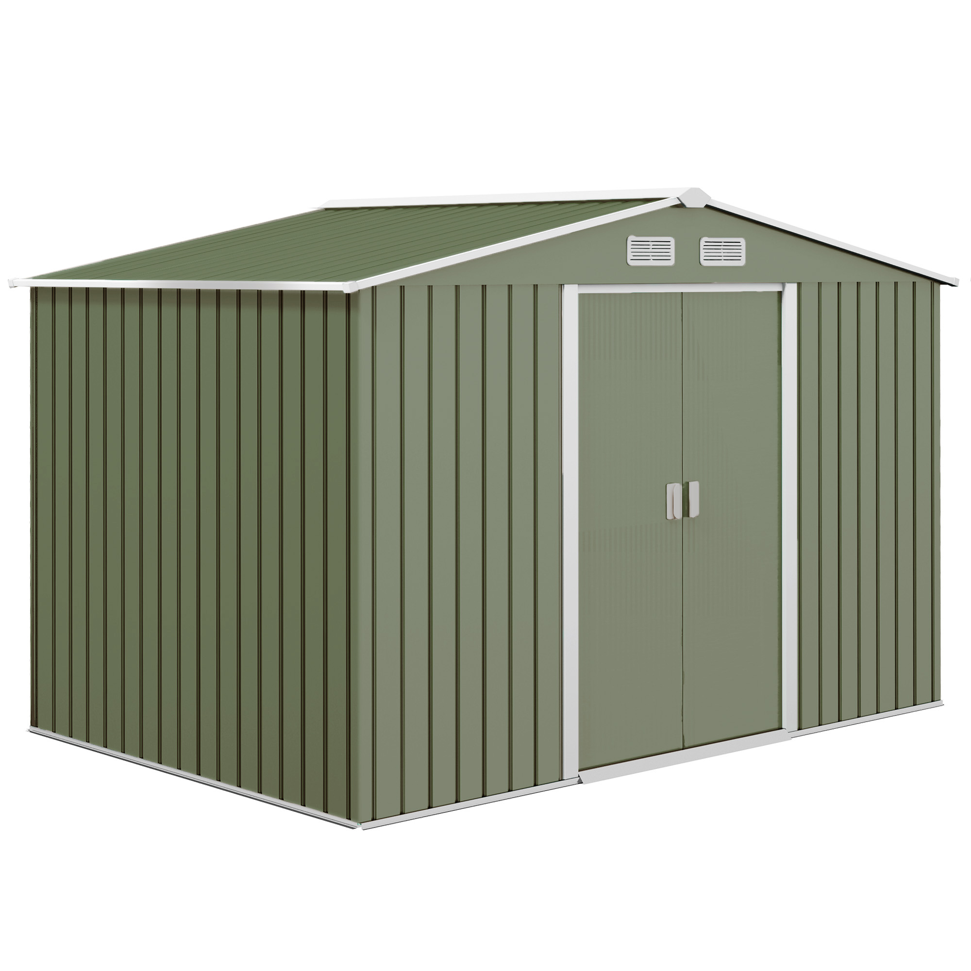 9 x 6 ft Metal Garden Storage Shed Corrugated Steel Roofed Tool Box with Foundation Ventilation and Doors, Light Green - Life Essentials