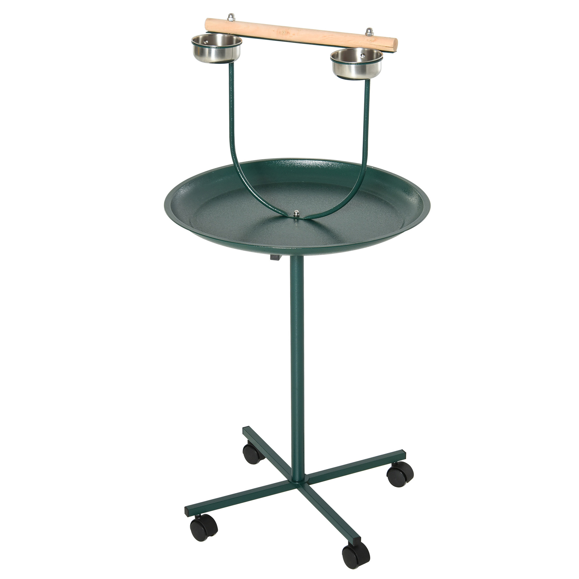 PAWSTER Bird Perch Stand with Perch, Four Wheels, Feeding Bowls for Small & Medium Birds, Green - Life Essentials